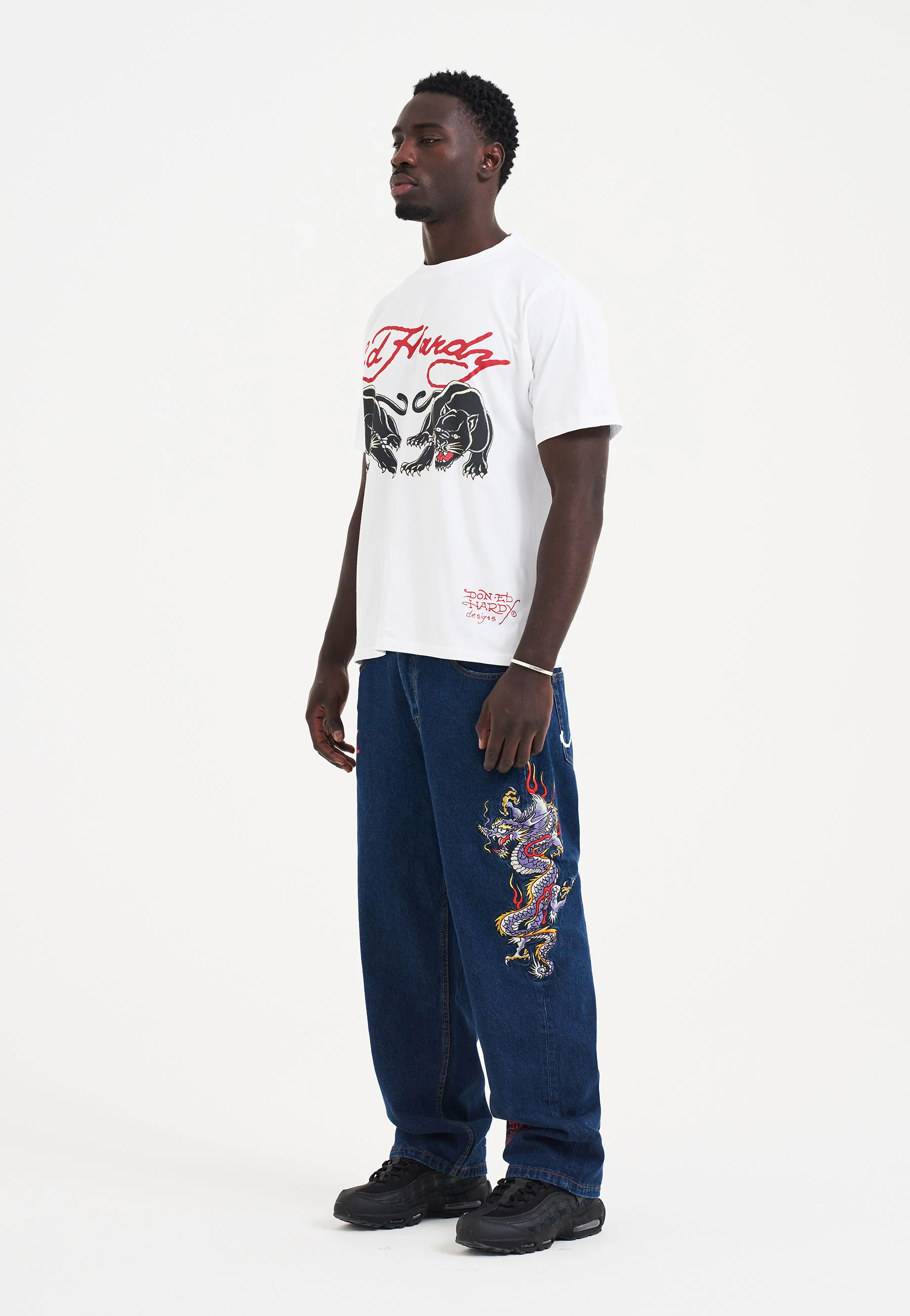 Mens Battle-Dragon Tattoo Denim Trousers Baggy Jeans - Indigo - Image 3