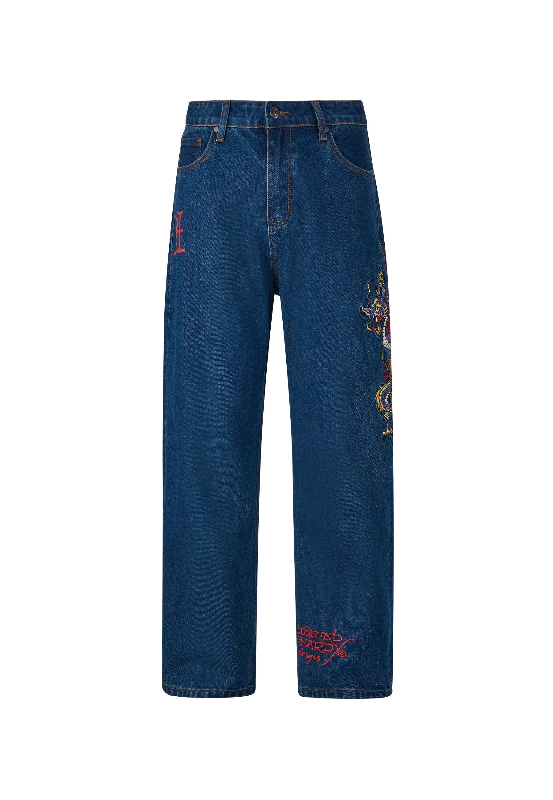 Mens Battle-Dragon Tattoo Denim Trousers Baggy Jeans - Indigo - Image 6