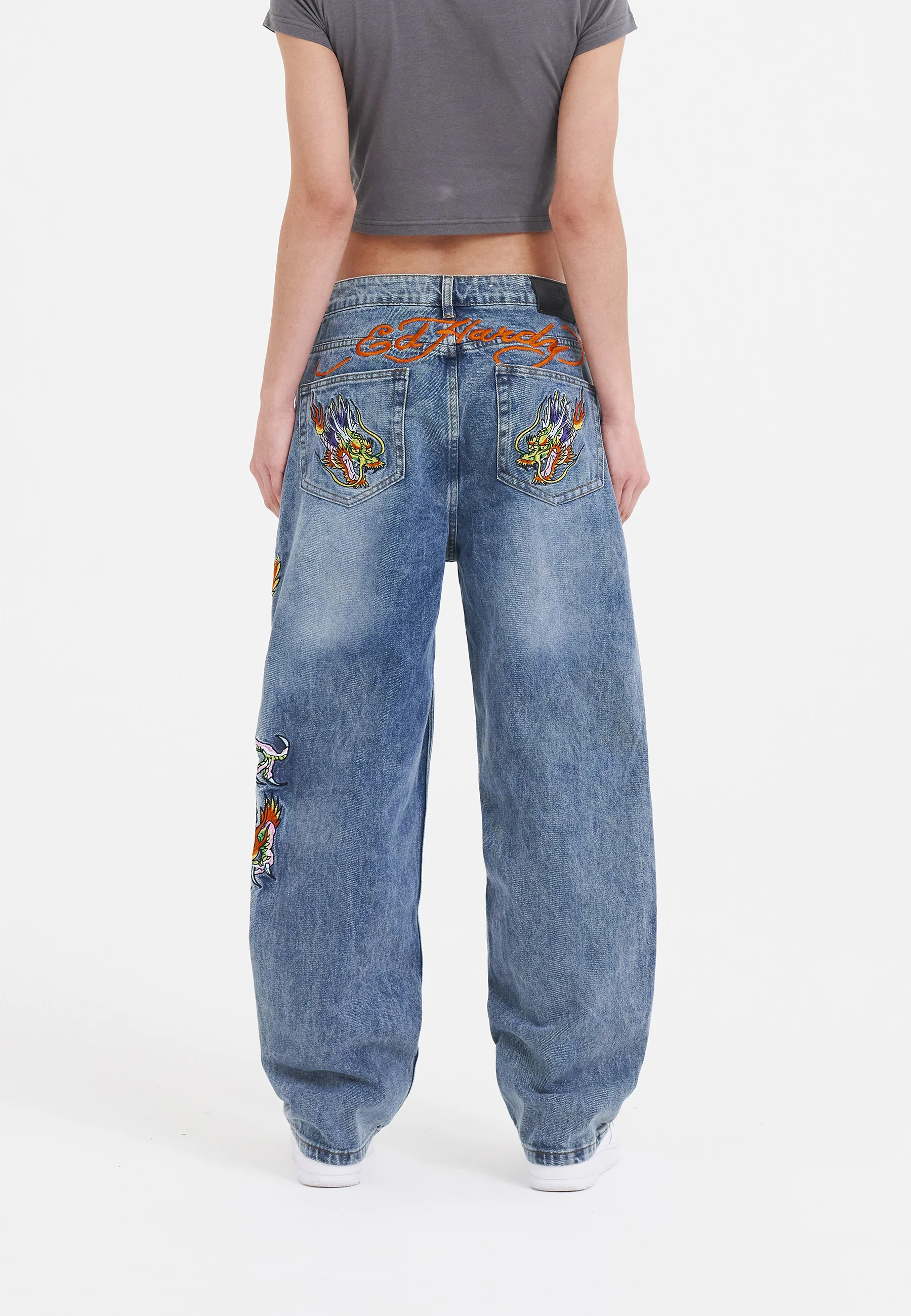 Womens Crawling Dragon Relaxed Fit Denim Trousers Jeans - Bleach - Image 3