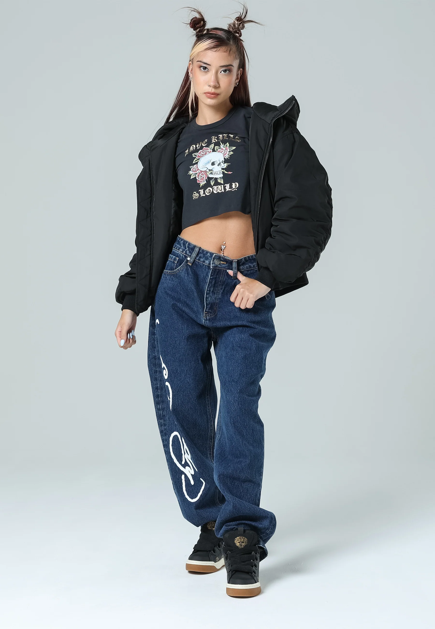 Womens Flaming Skull Relaxed Fit Denim Trousers Jeans - Indigo - Image 3