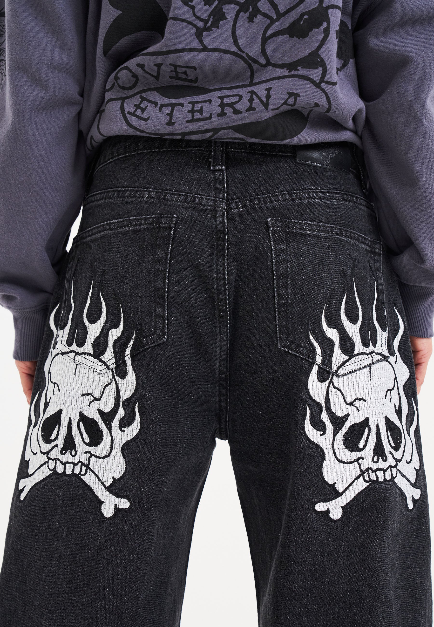 Womens Flaming Skull Relaxed Fit Denim Trousers Jeans - Black - Image 5