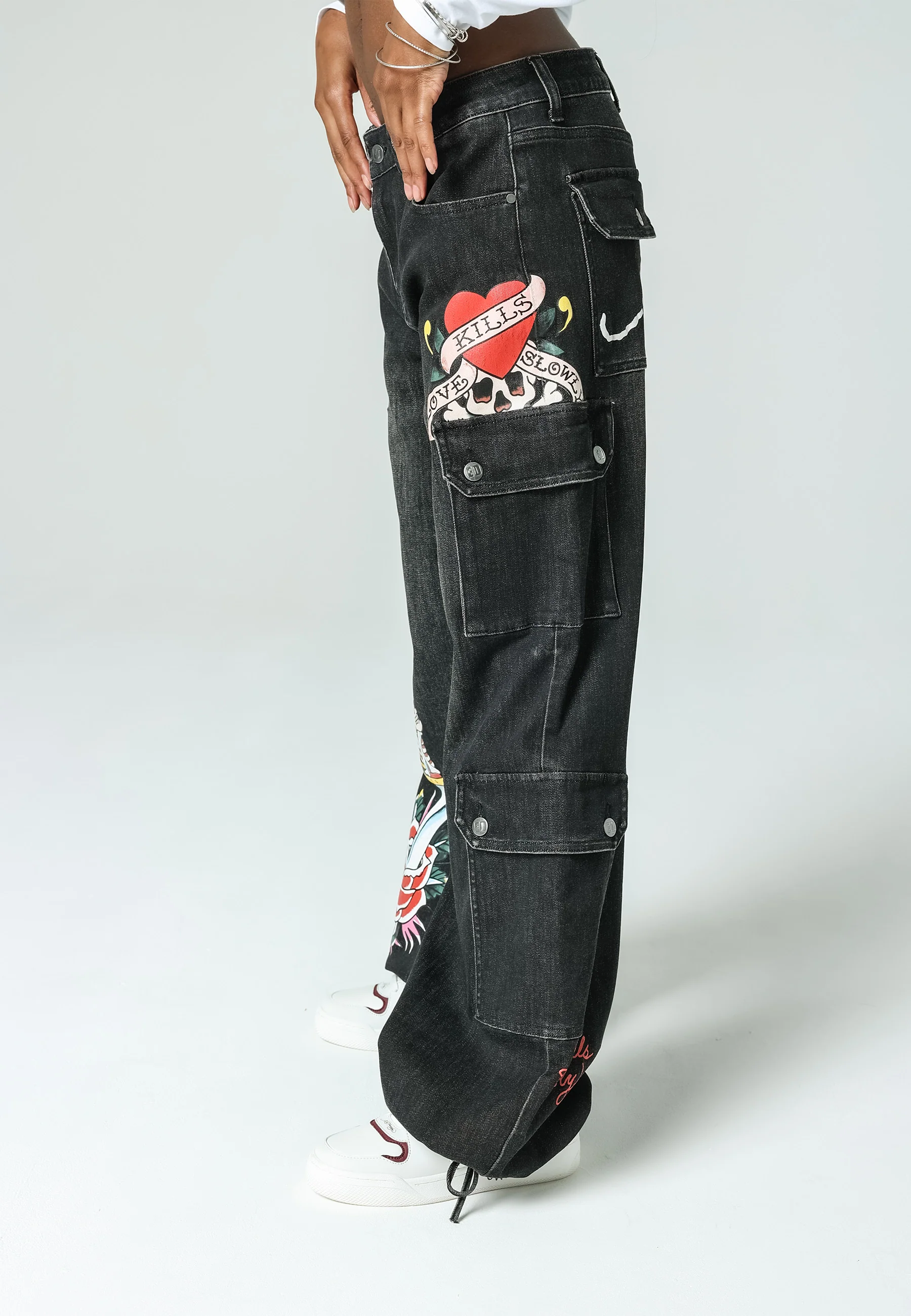 Womens Love-Kills Cargo Trousers Jeans - Black - Image 5