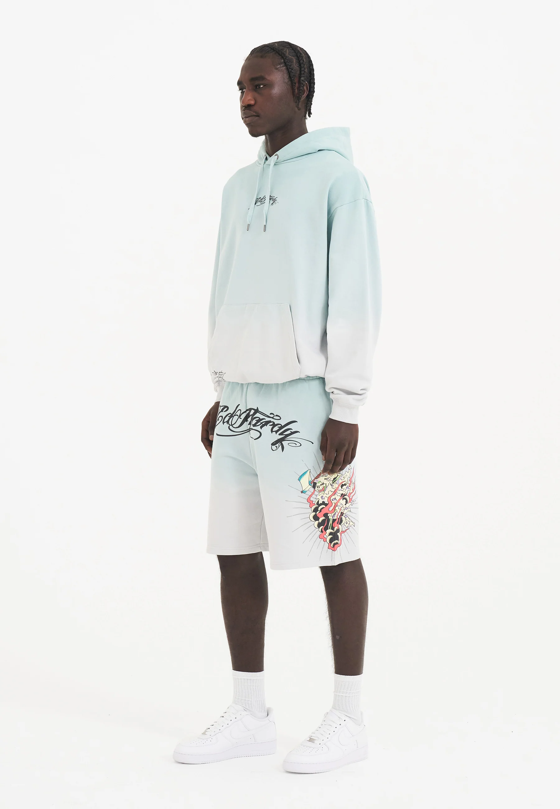 Mens Death Fighter Graphic Hoodie - Light Green/Grey - Image 3