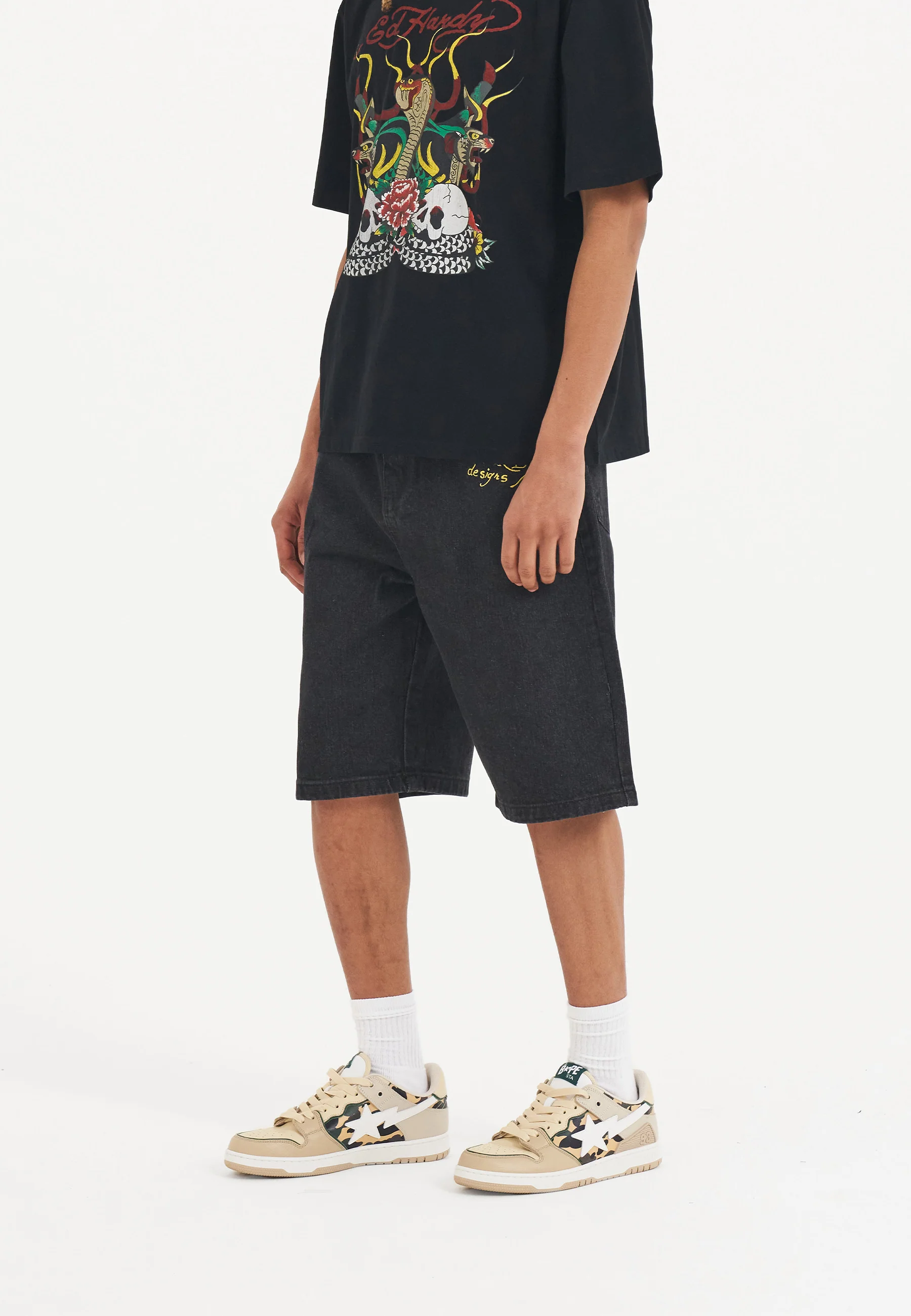 Mens Devil Mermaid Denim Jorts Shorts - Black - Image 3