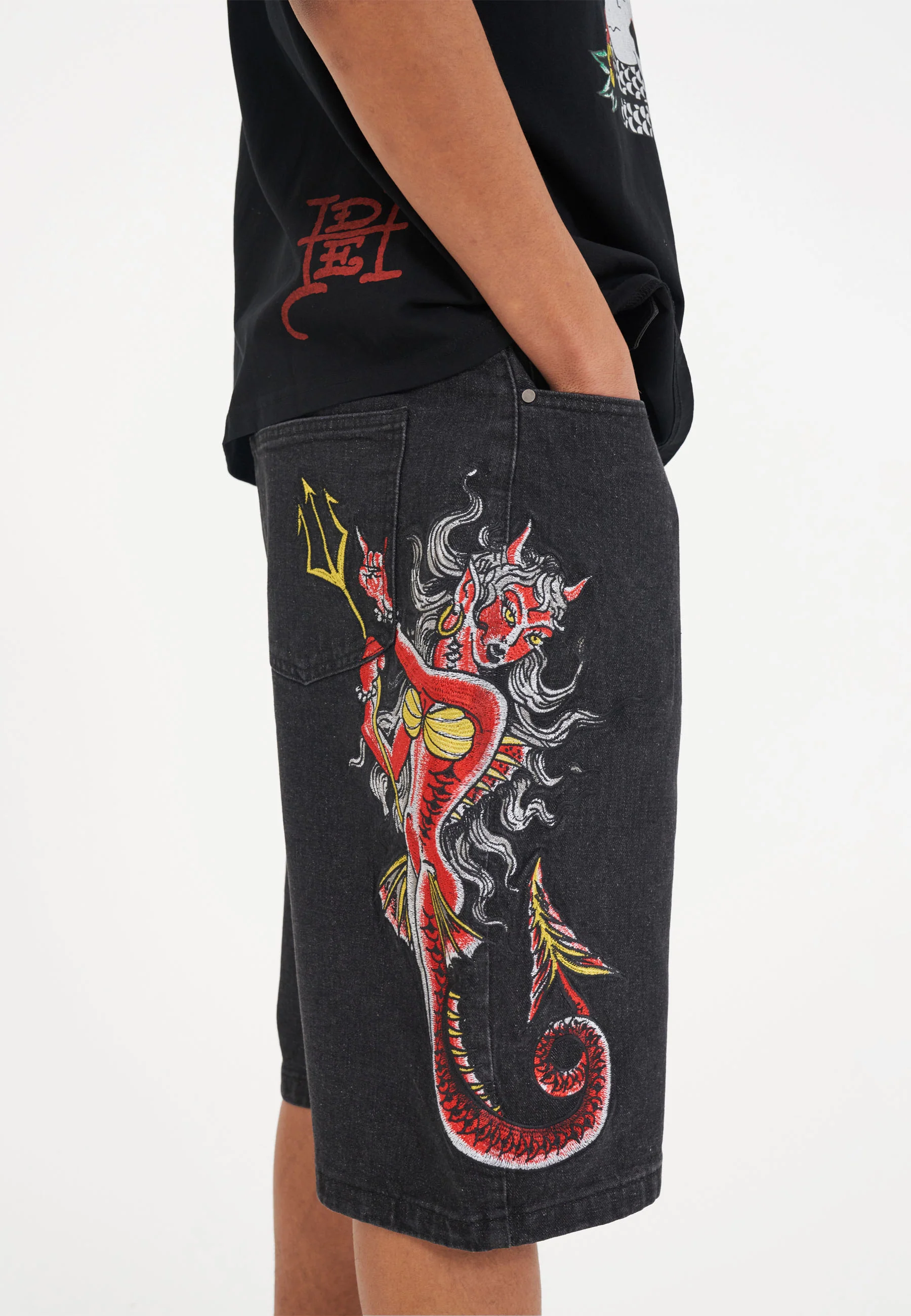Mens Devil Mermaid Denim Jorts Shorts - Black - Image 8