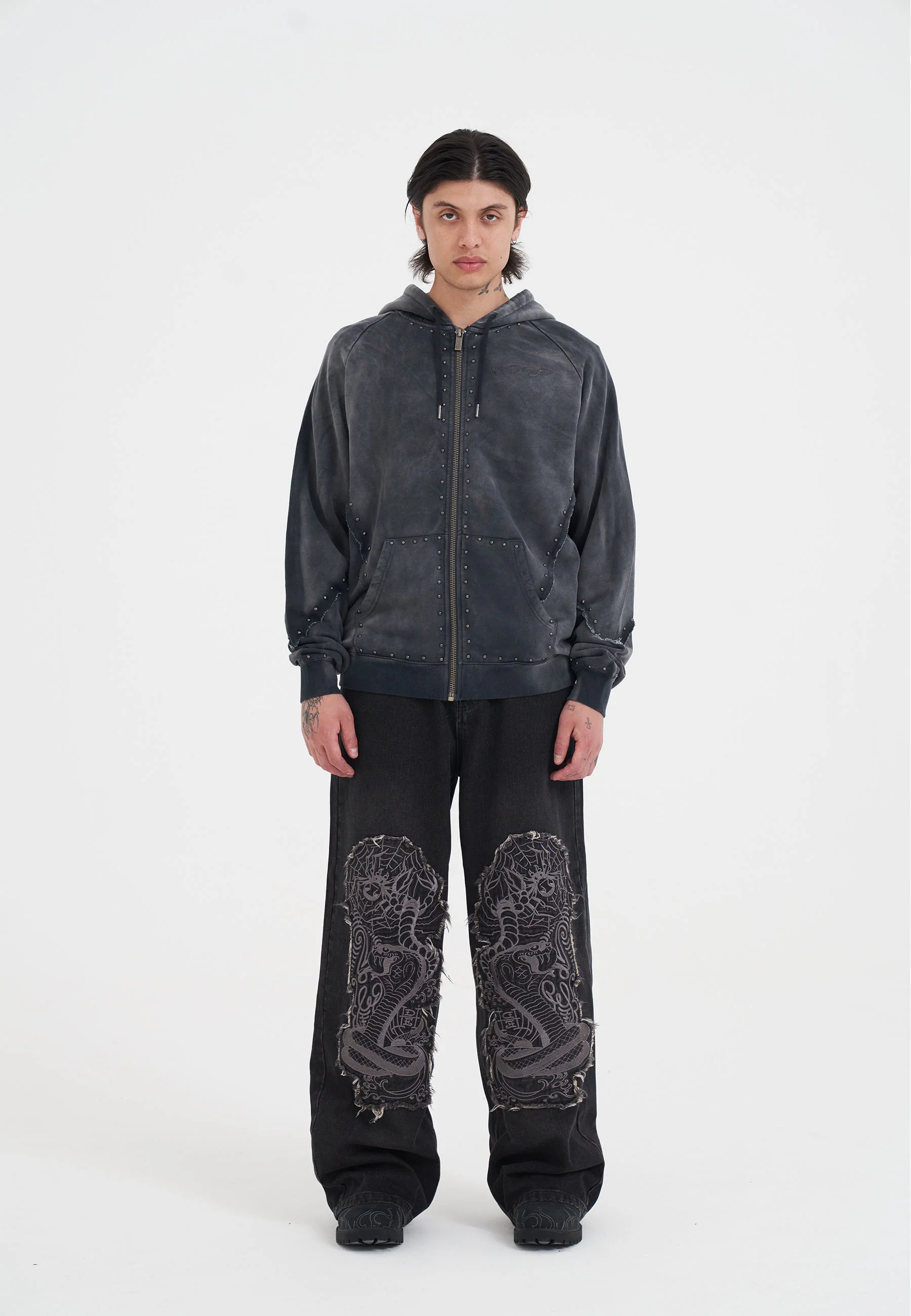 Mens Drag Battle Stud Zip Thru Hoodie - Black - Image 4