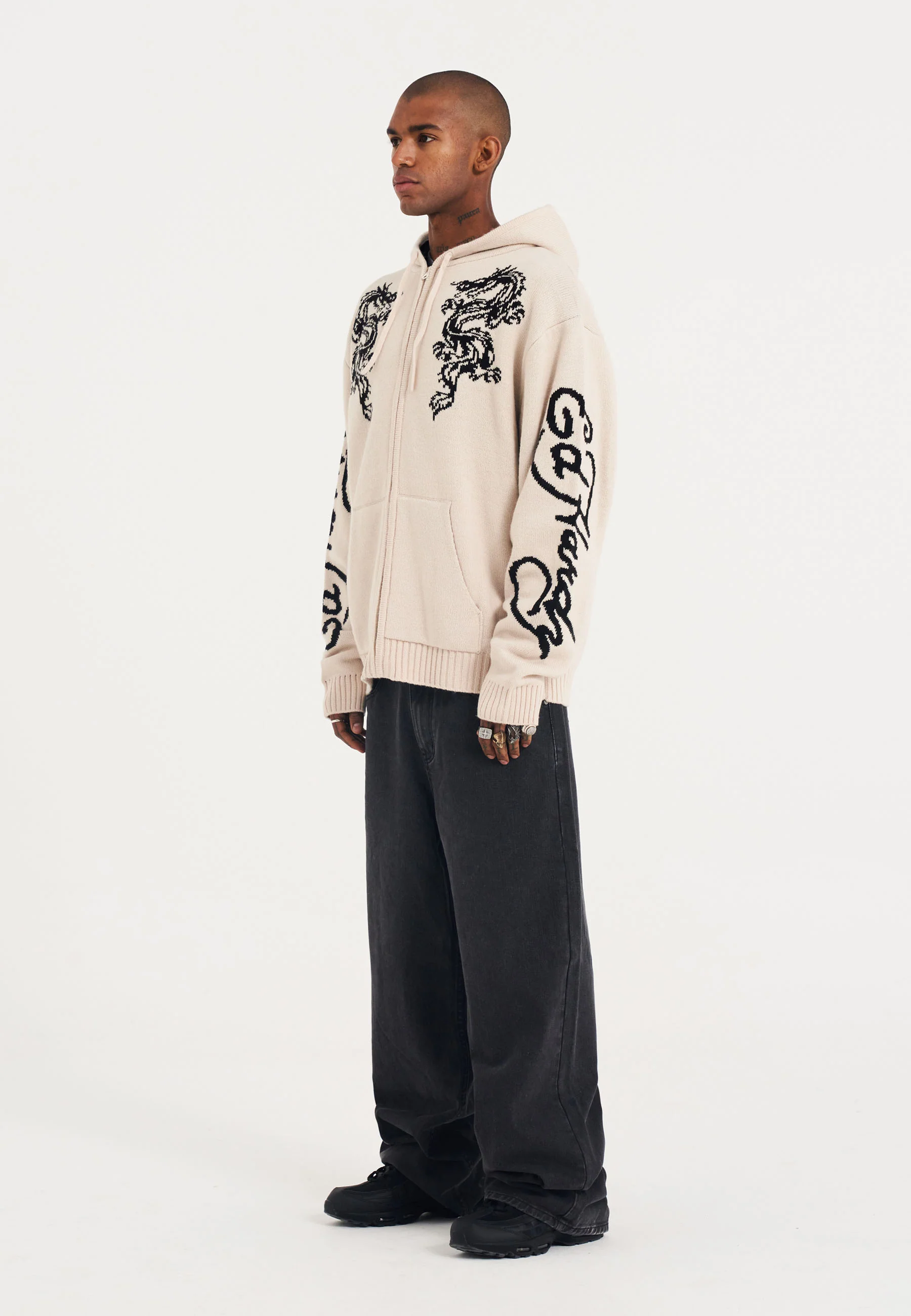 Mens Dragon Zip Thru Knitted Hoodie - Beige - Image 3