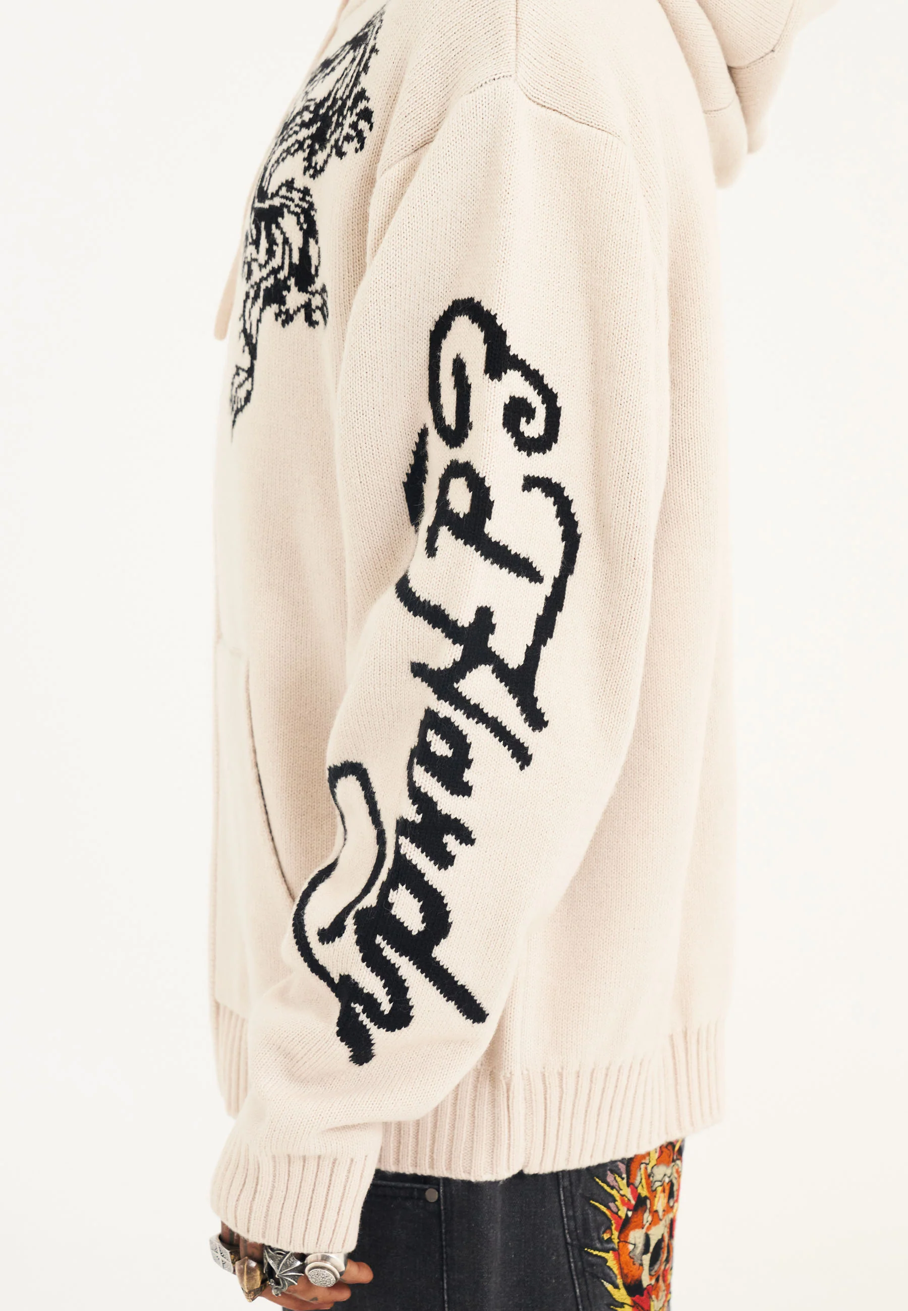 Mens Dragon Zip Thru Knitted Hoodie - Beige - Image 5