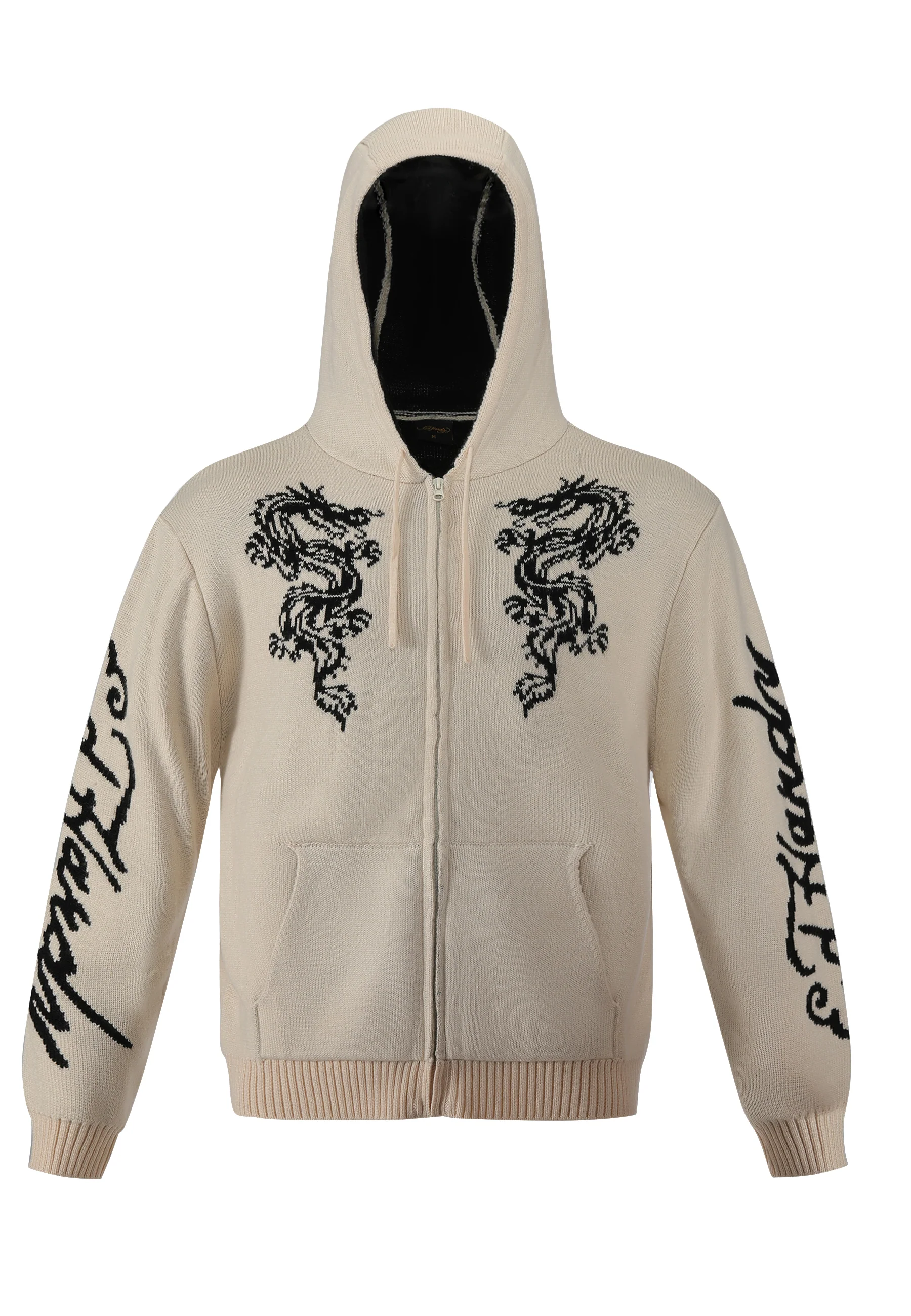 Mens Dragon Zip Thru Knitted Hoodie - Beige - Image 7