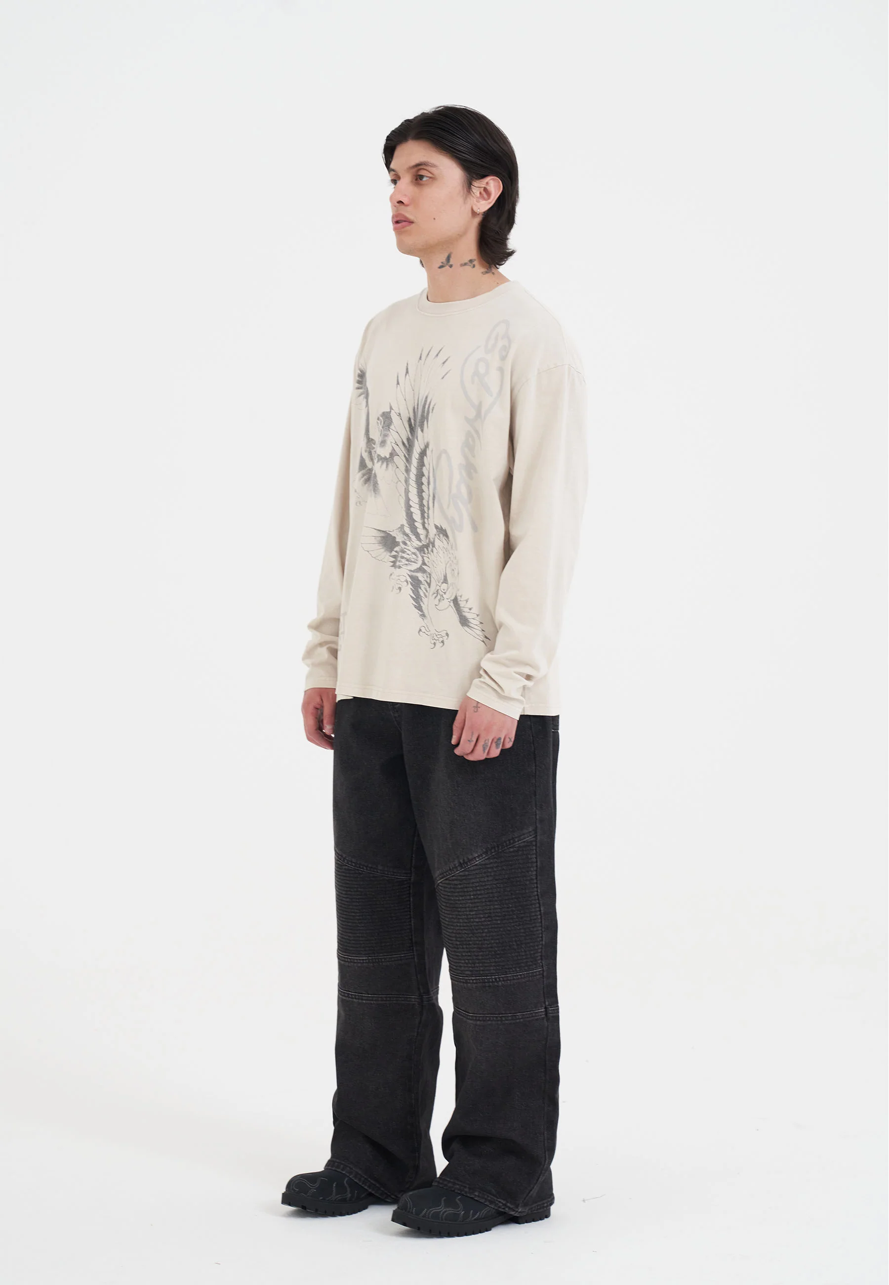 Mens Eagle Battle Long Sleeve T-Shirt - Ecru - Image 4