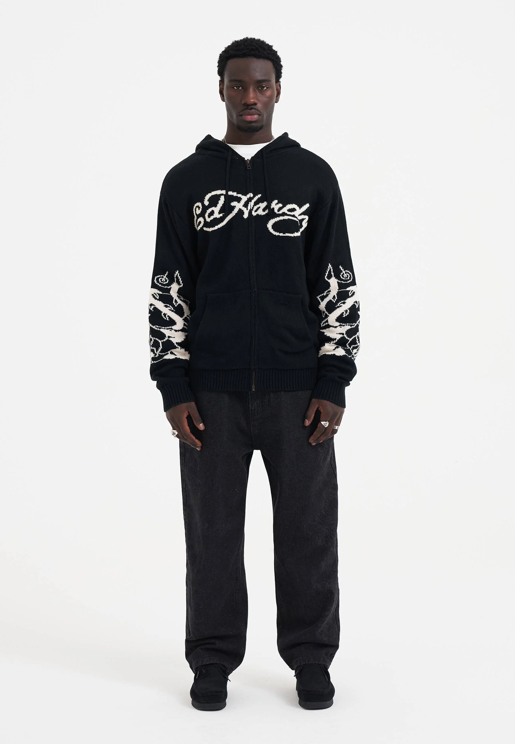 Mens Knitted Love Kills Knitted Zip Thru Hoodie - Black - Image 3