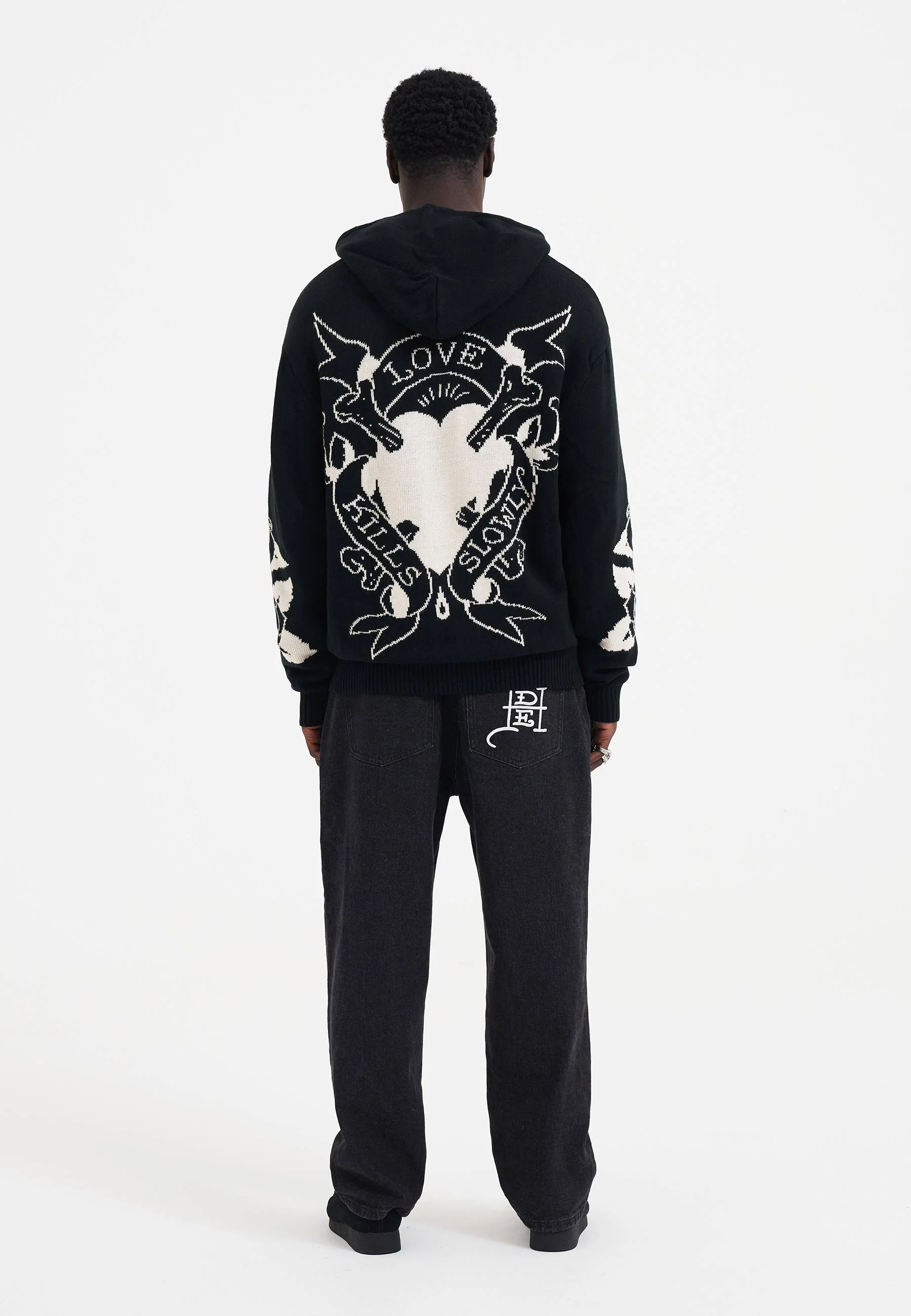 Mens Knitted Love Kills Knitted Zip Thru Hoodie - Black - Image 5