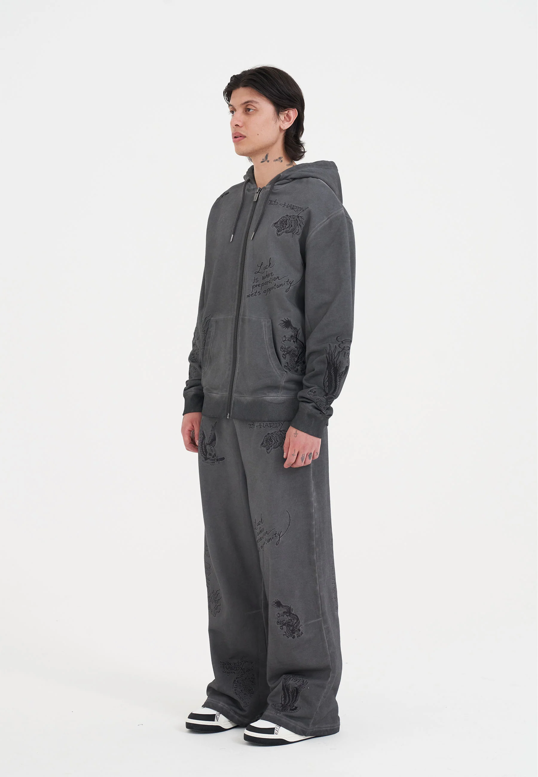 Mens Multiple Graphic Distress Joggers Pants - Grey - Image 3