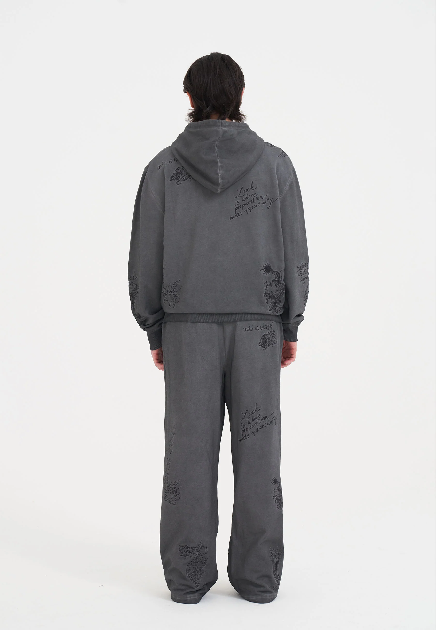 Mens Multiple Graphic Distress Zip Thru Hoodie - Grey - Image 8