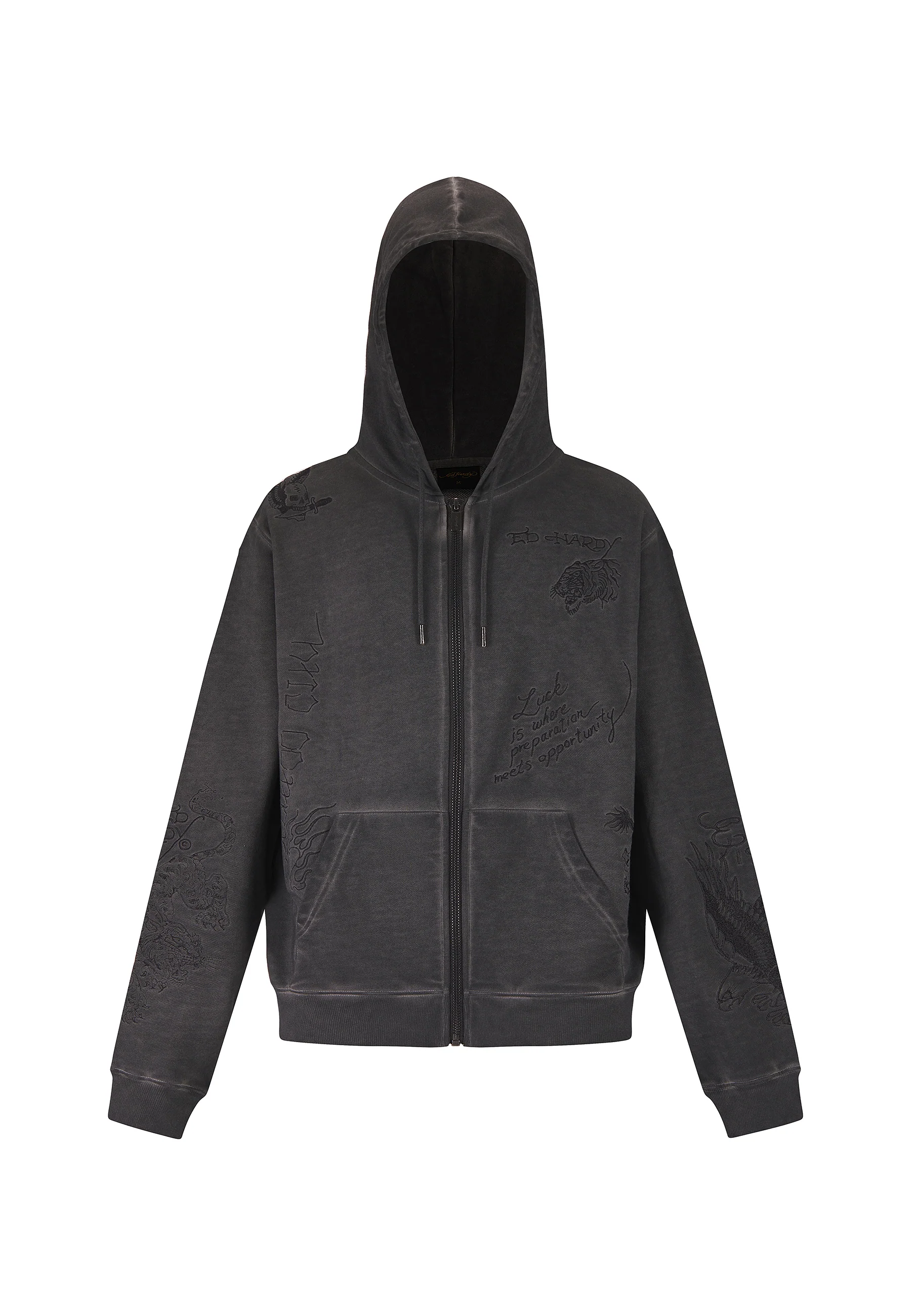 Mens Multiple Graphic Distress Zip Thru Hoodie - Grey - Image 9