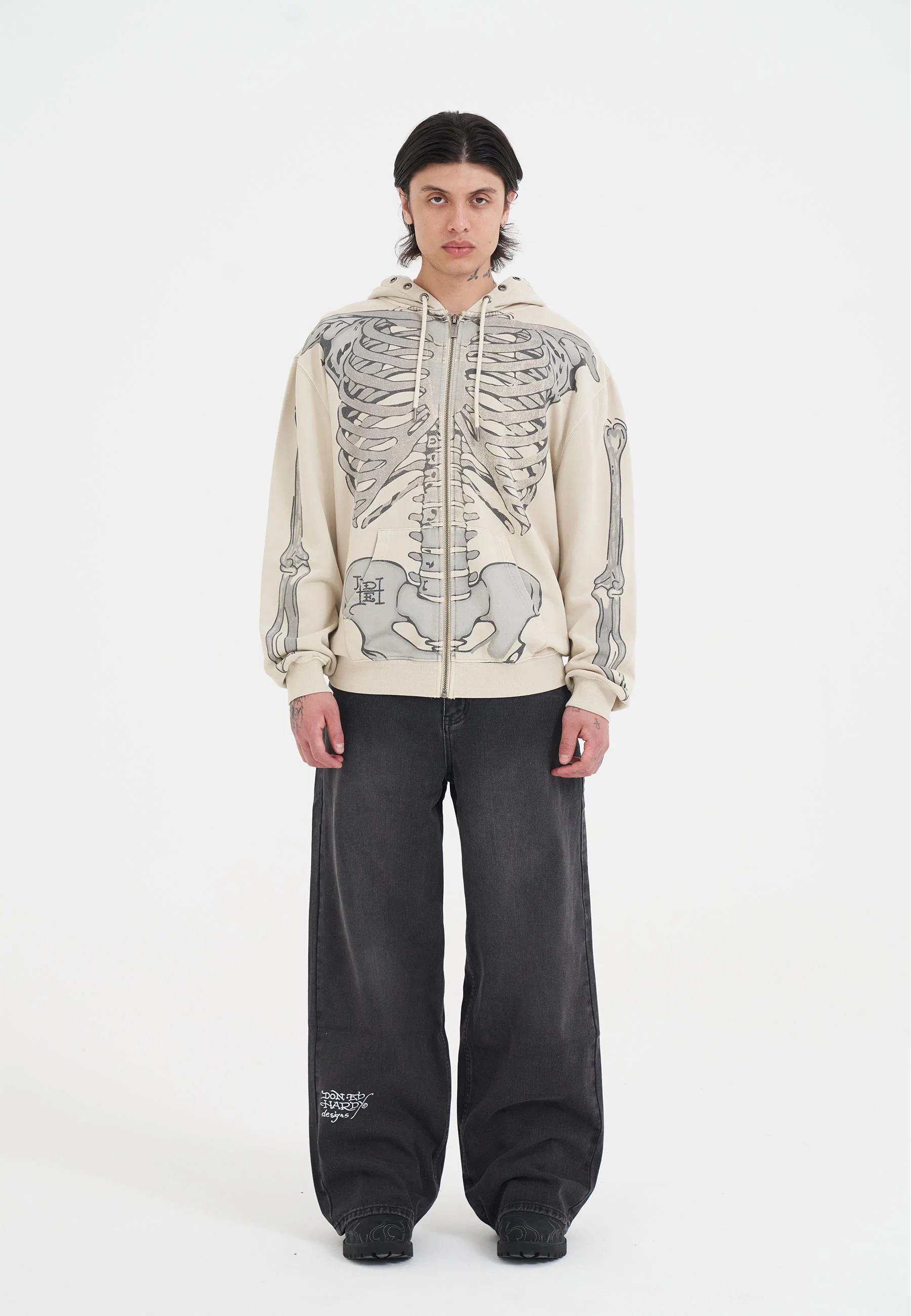 Mens Skeleton In Acid Zip Thru Hoodie - Ecru - Image 4