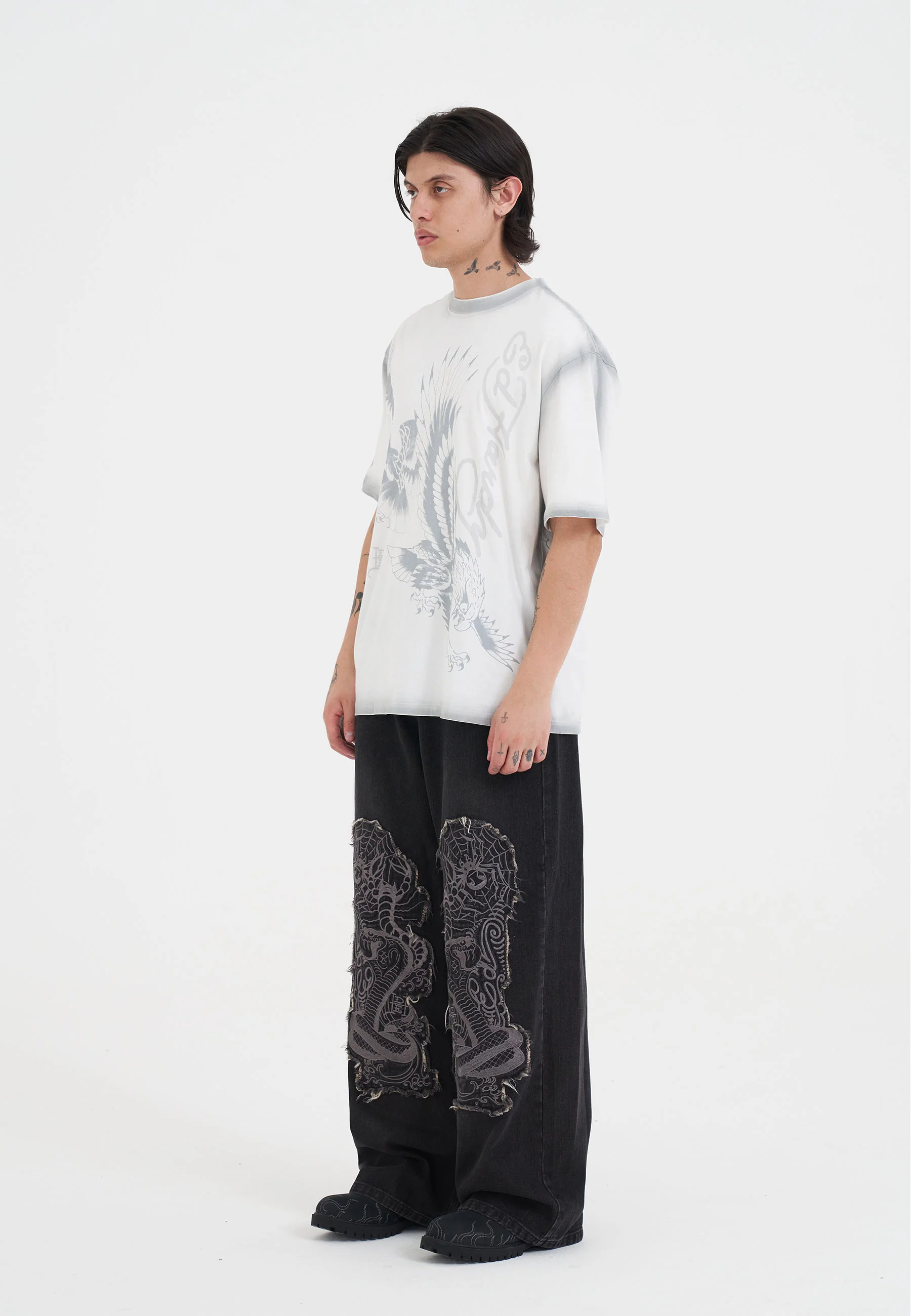 Mens Snake And Spider Outline Applique Denim Trousers Jeans - Black - Image 3