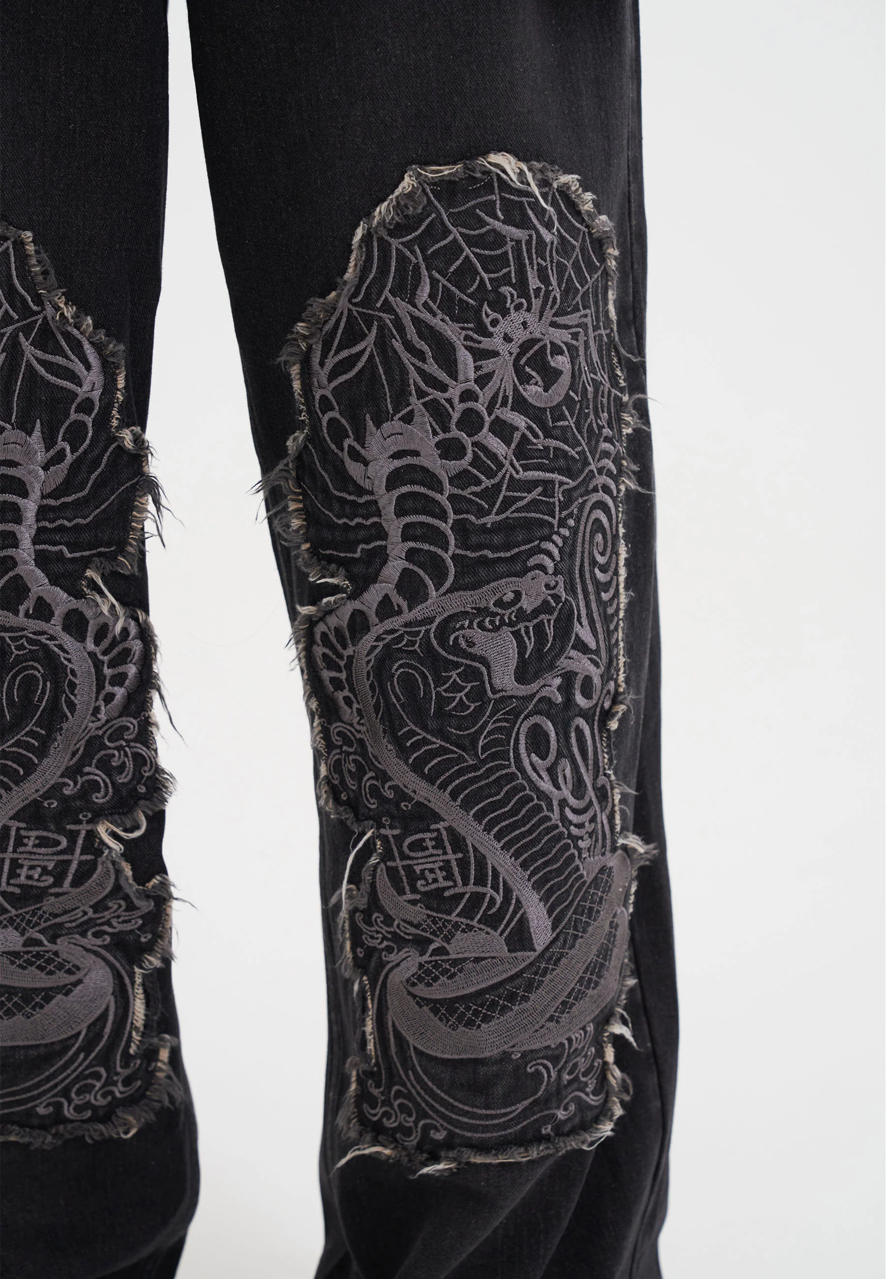 Mens Snake And Spider Outline Applique Denim Trousers Jeans - Black - Image 6