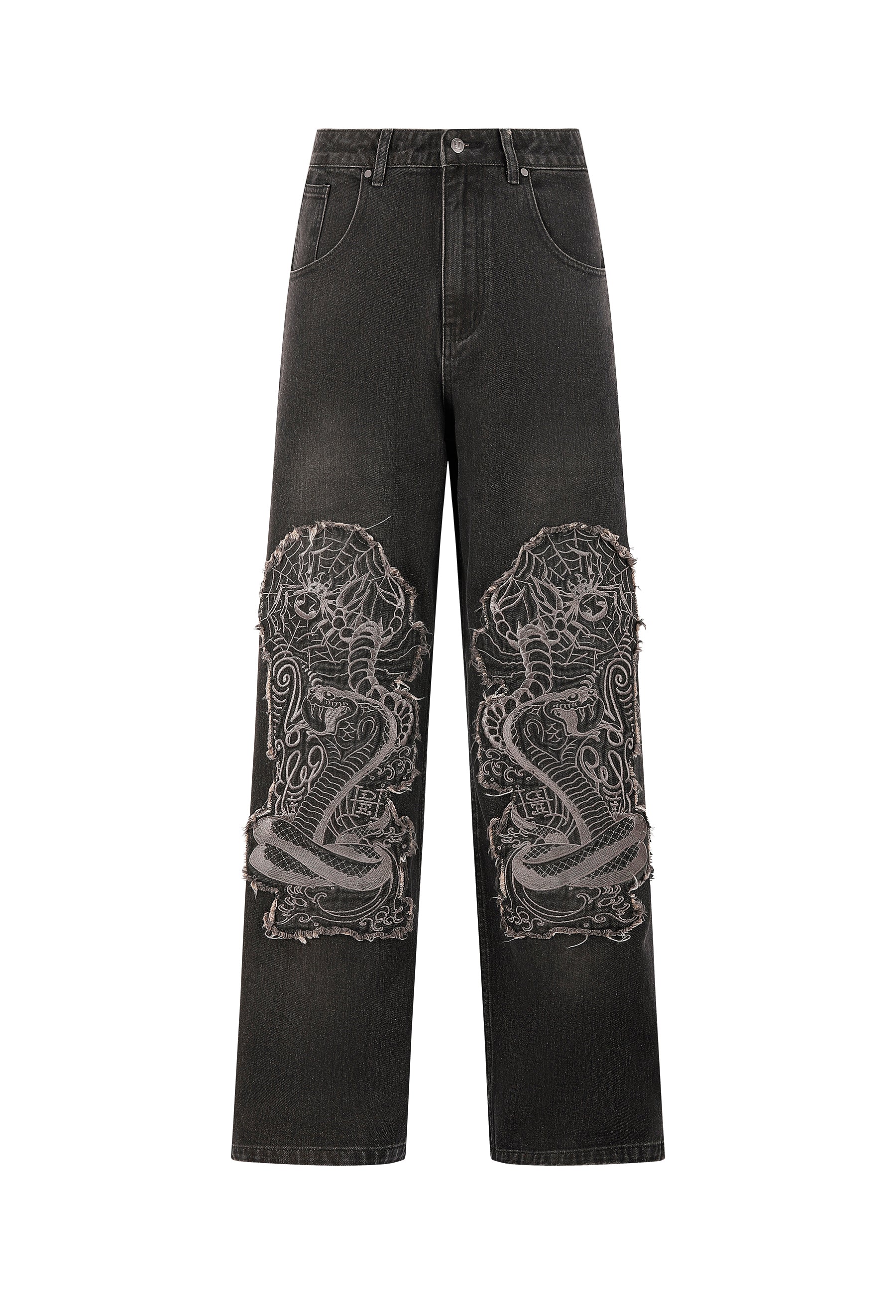 Mens Snake And Spider Outline Applique Denim Trousers Jeans - Black - Image 8