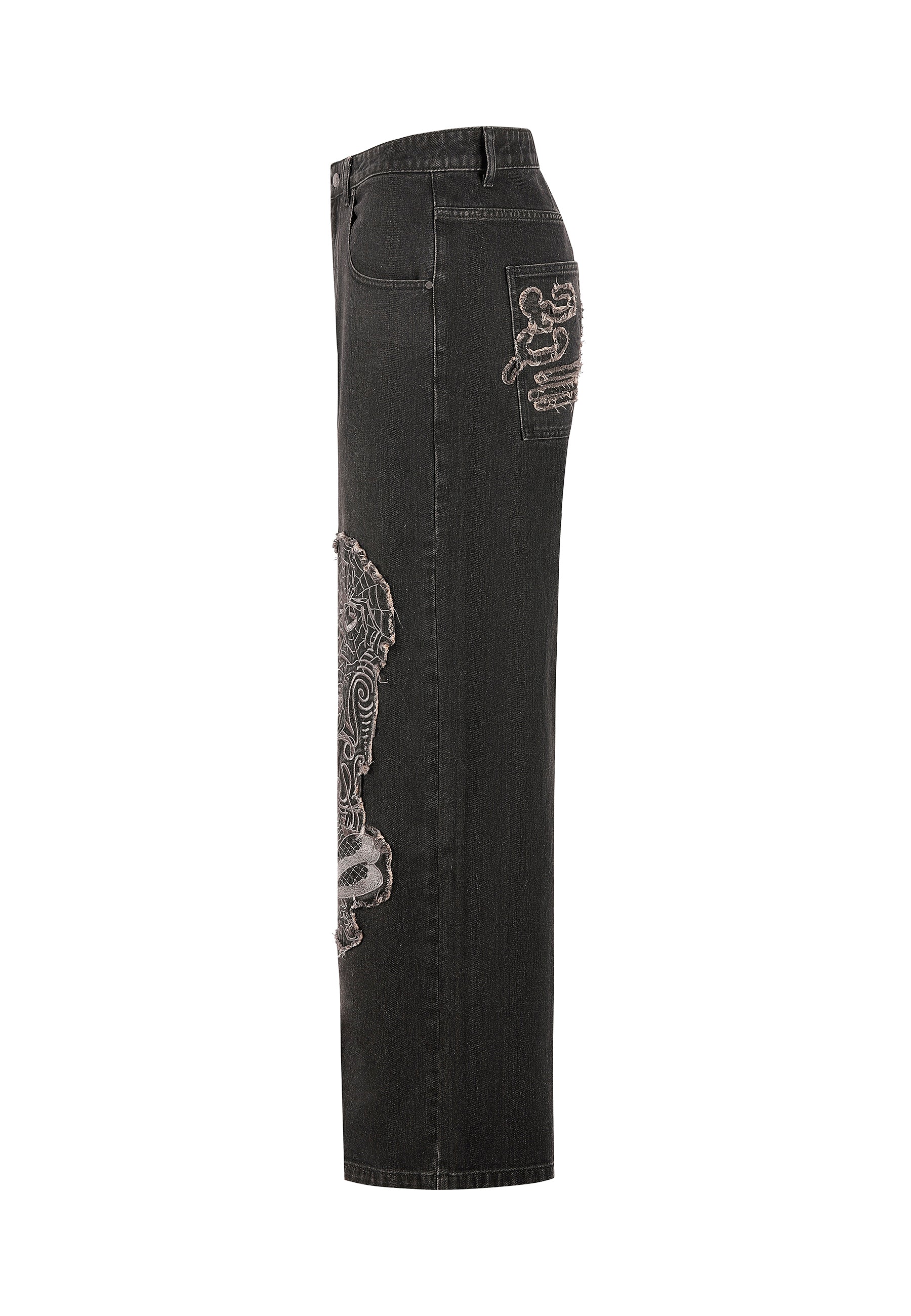 Mens Snake And Spider Outline Applique Denim Trousers Jeans - Black - Image 9