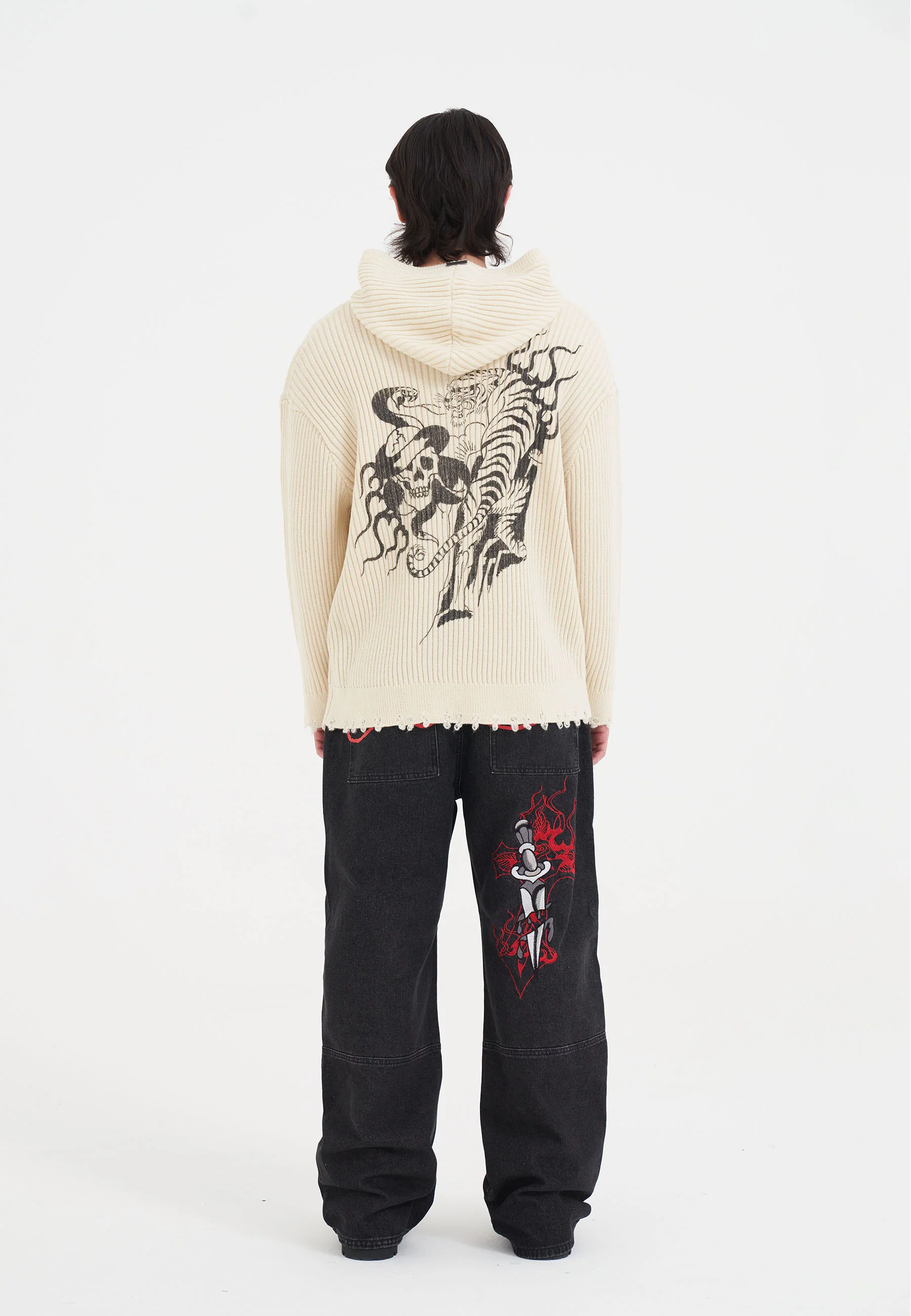 Mens Tiger And Snake In Flames Knitted Hoodie - Off White - Image 5