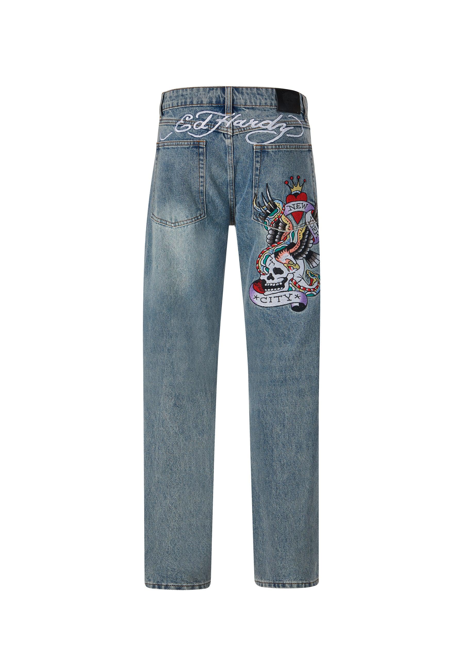 Mens Nyc-Skull Tattoo Graphic Denim Trousers Jeans - Bleach - Image 11