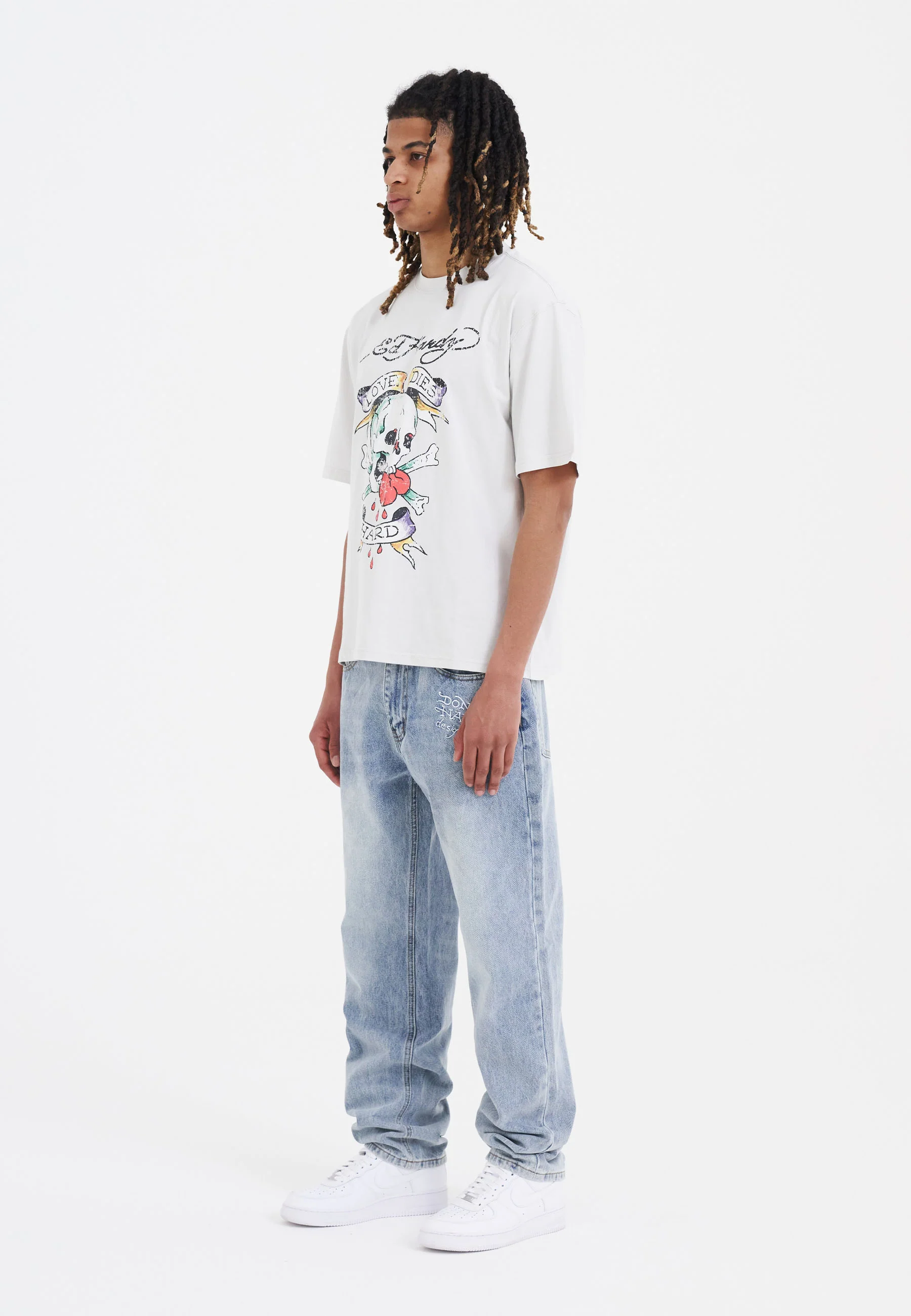 Mens Nyc-Skull Tattoo Graphic Denim Trousers Jeans - Bleach - Image 8