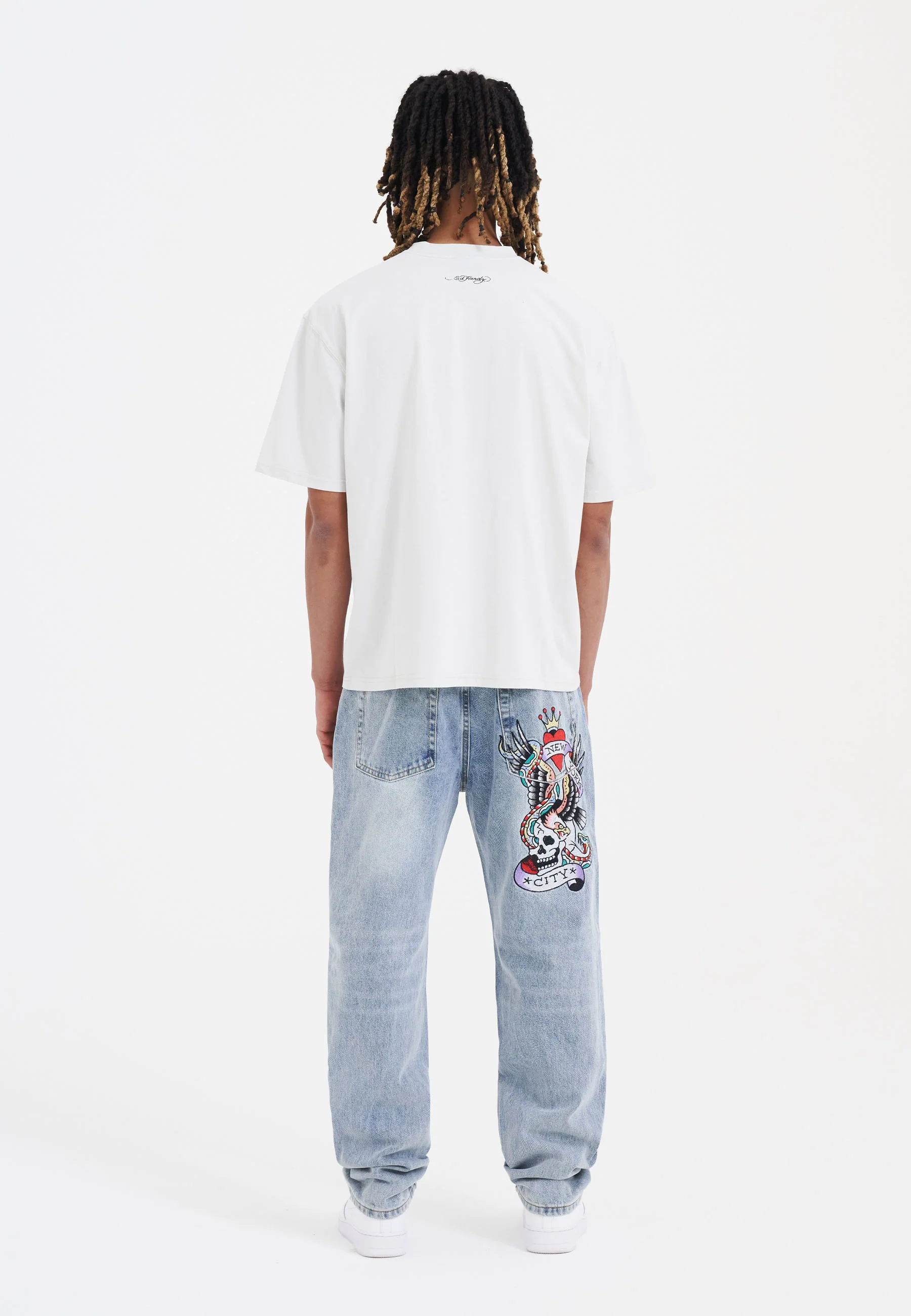 Mens Nyc-Skull Tattoo Graphic Denim Trousers Jeans - Bleach - Image 9