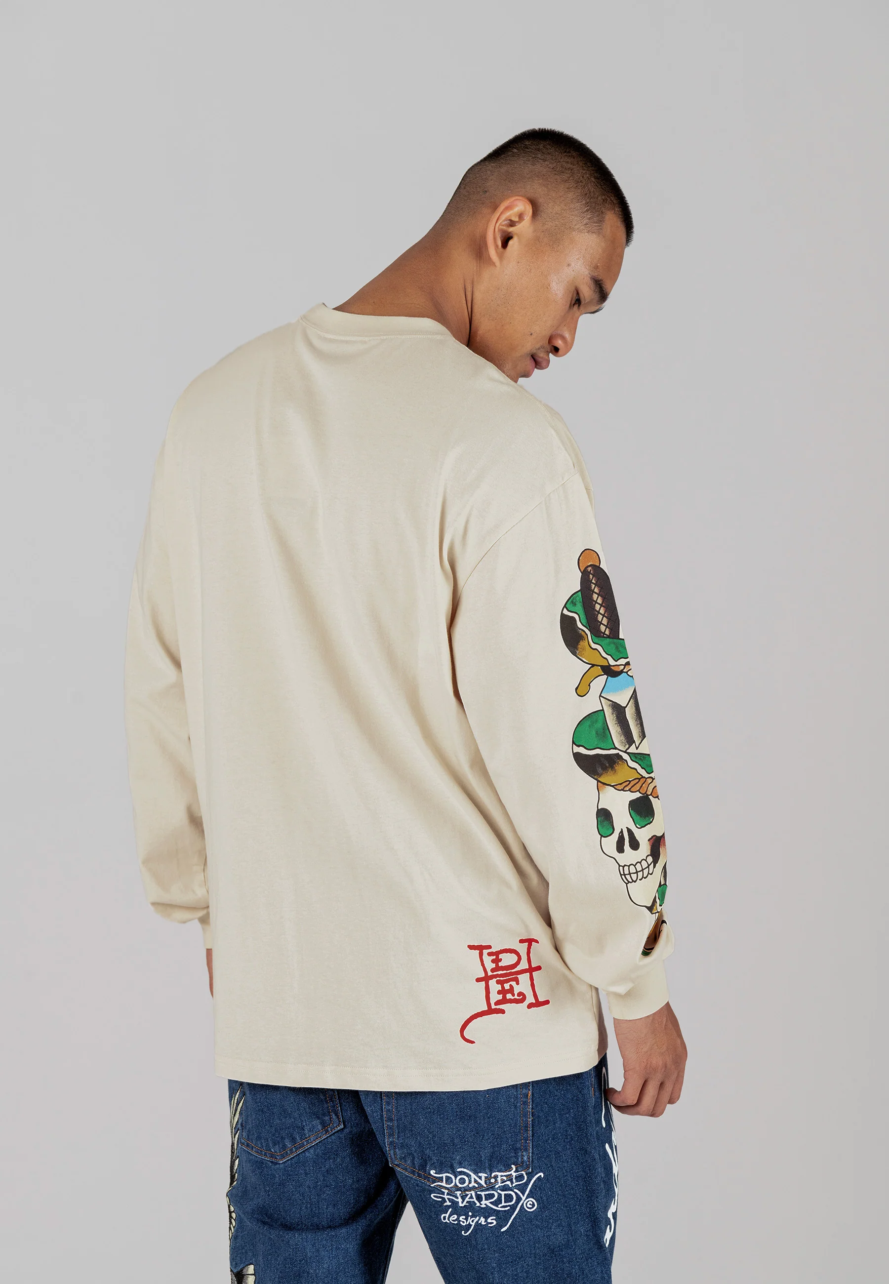 Mens Skull-Flame Long Sleeve T-Shirt - Ecru - Image 3