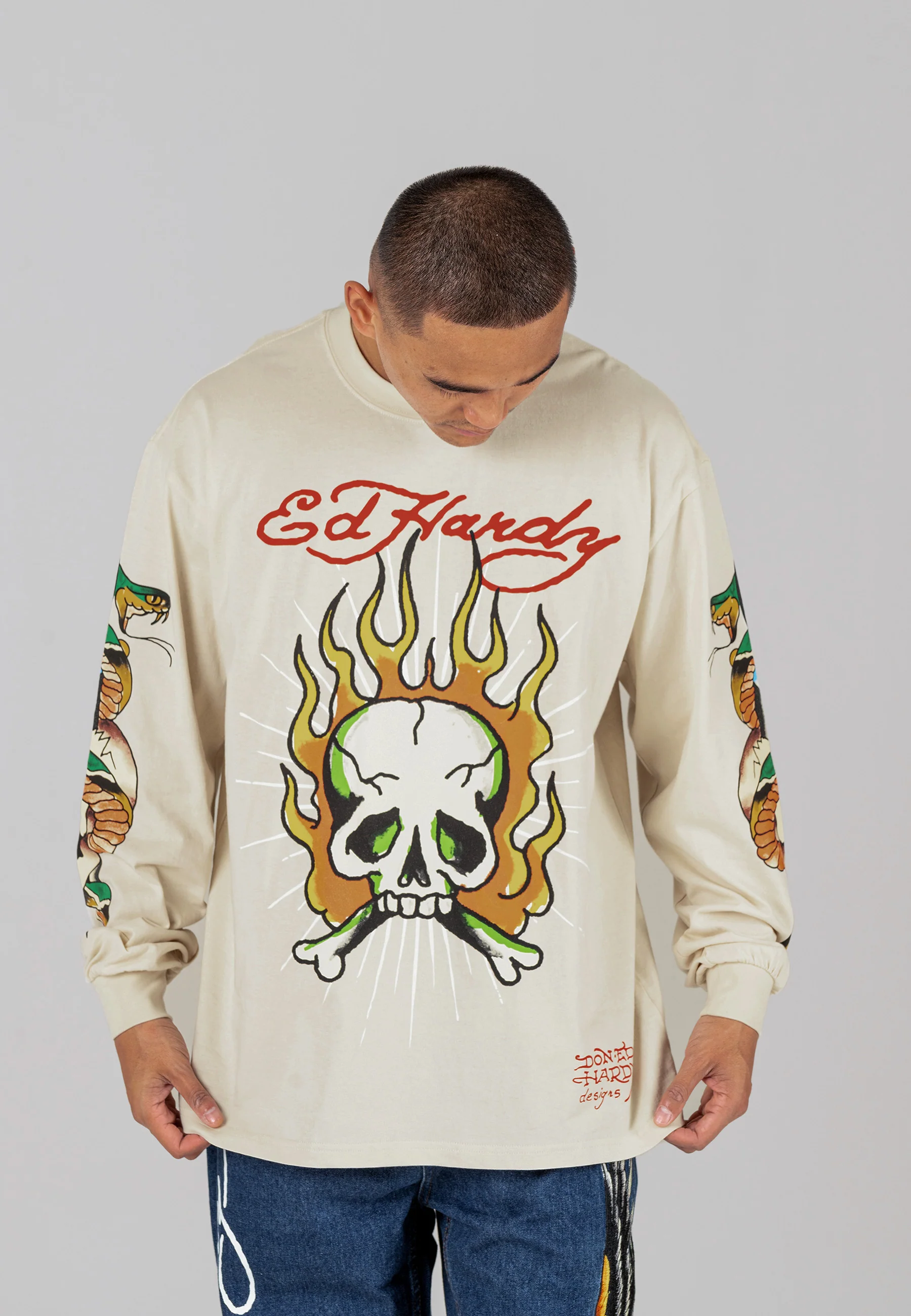 Mens Skull-Flame Long Sleeve T-Shirt - Ecru - Image 6