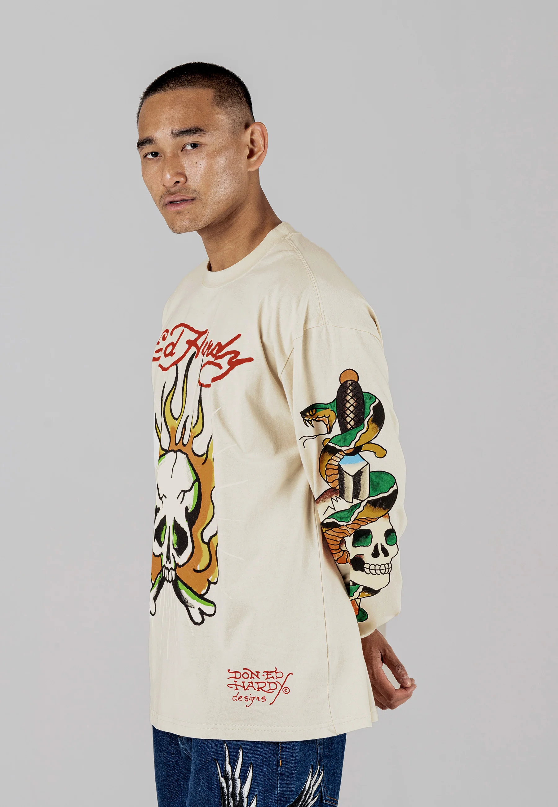 Mens Skull-Flame Long Sleeve T-Shirt - Ecru - Image 7