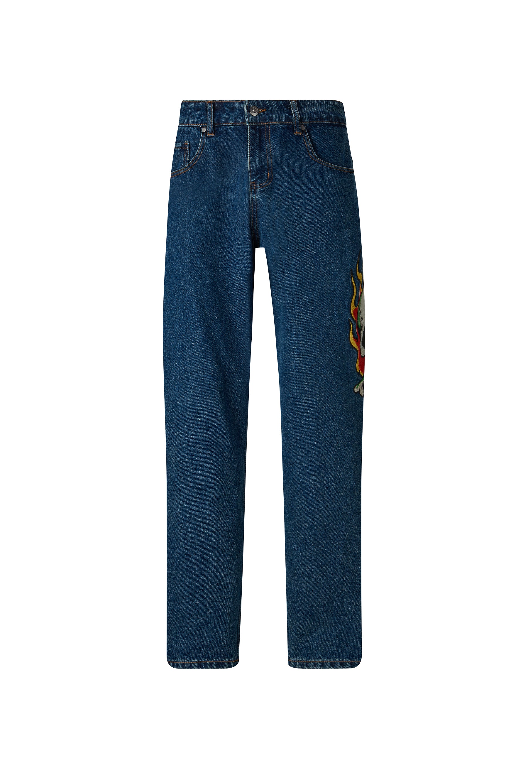 Mens Skull-Snake-Dagger Tattoo Graphic Denim Trousers Jeans - Indigo - Image 3