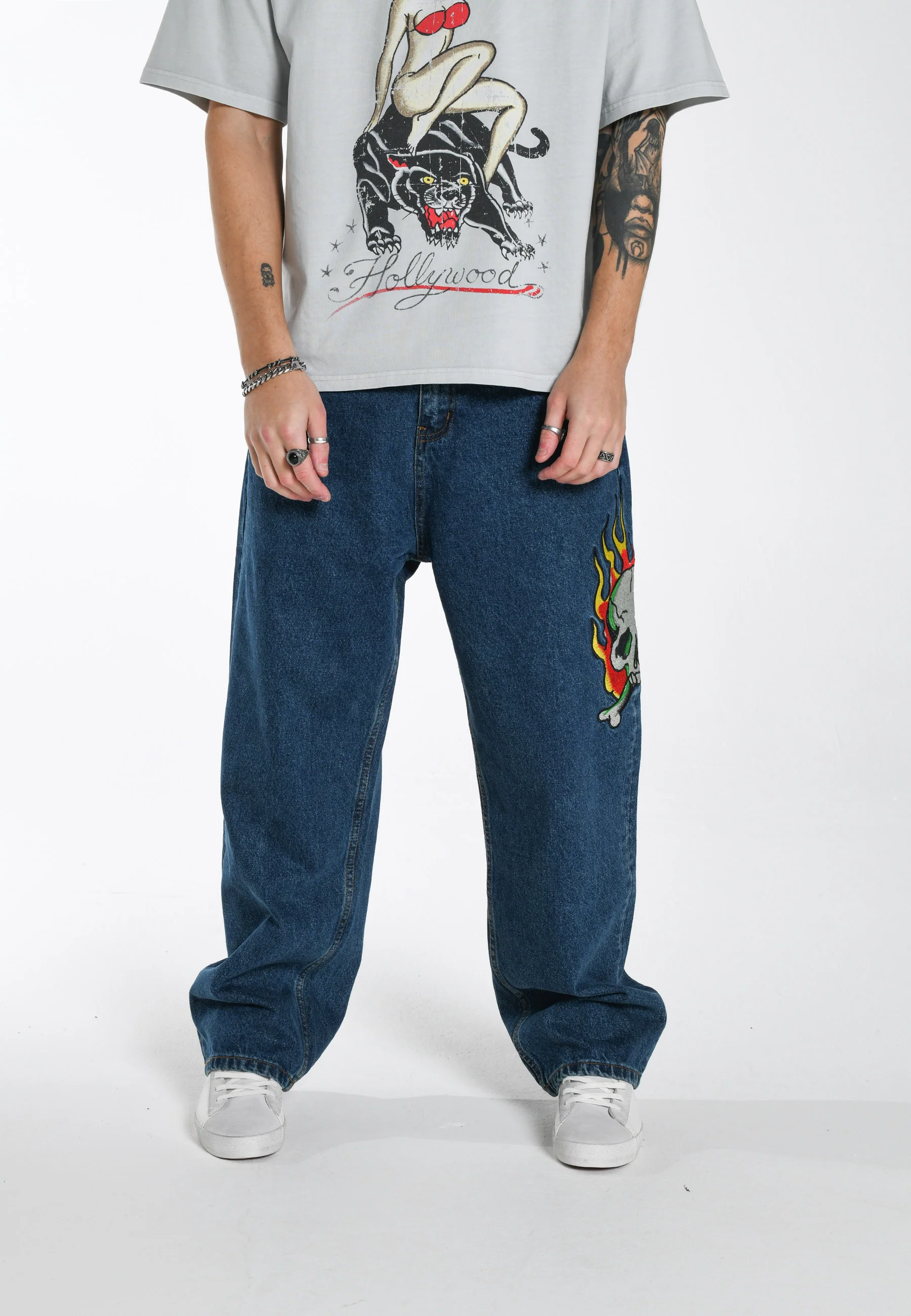 Mens Skull-Snake-Dagger Tattoo Graphic Denim Trousers Jeans - Indigo - Image 5