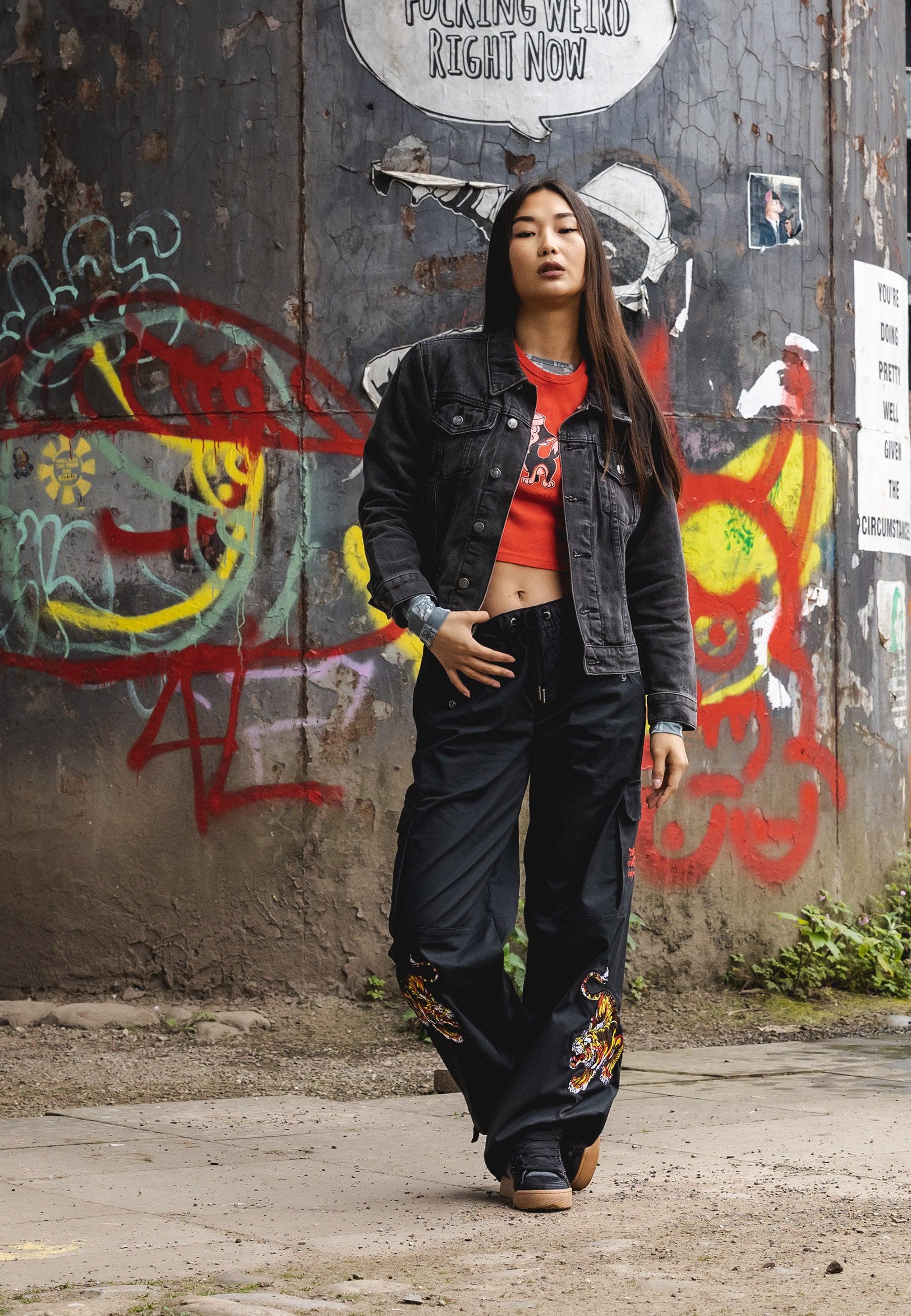 Womens Tiger Cargo Pants Trousers - Black - Image 5