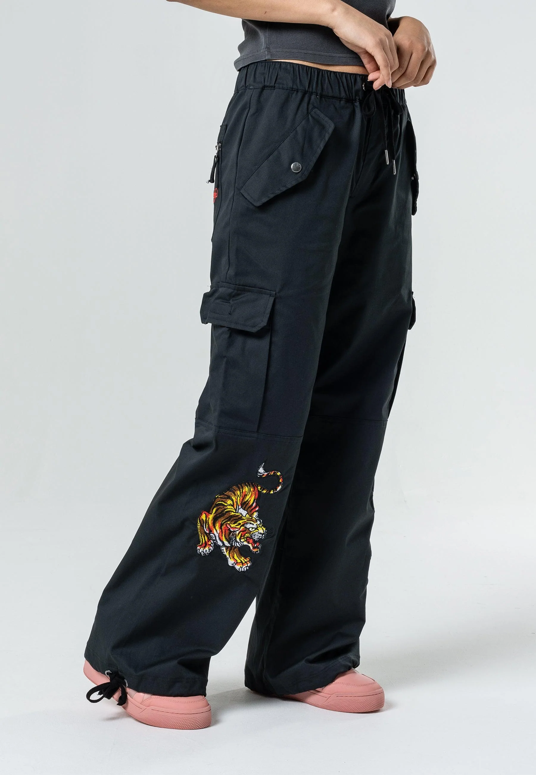 Womens Tiger Cargo Pants Trousers - Black - Image 7