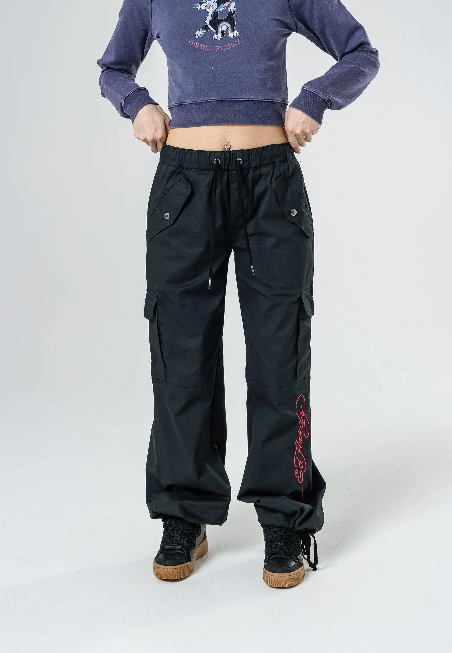 Womens True To My Love Cargo Pants Trousers - Black - Image 3