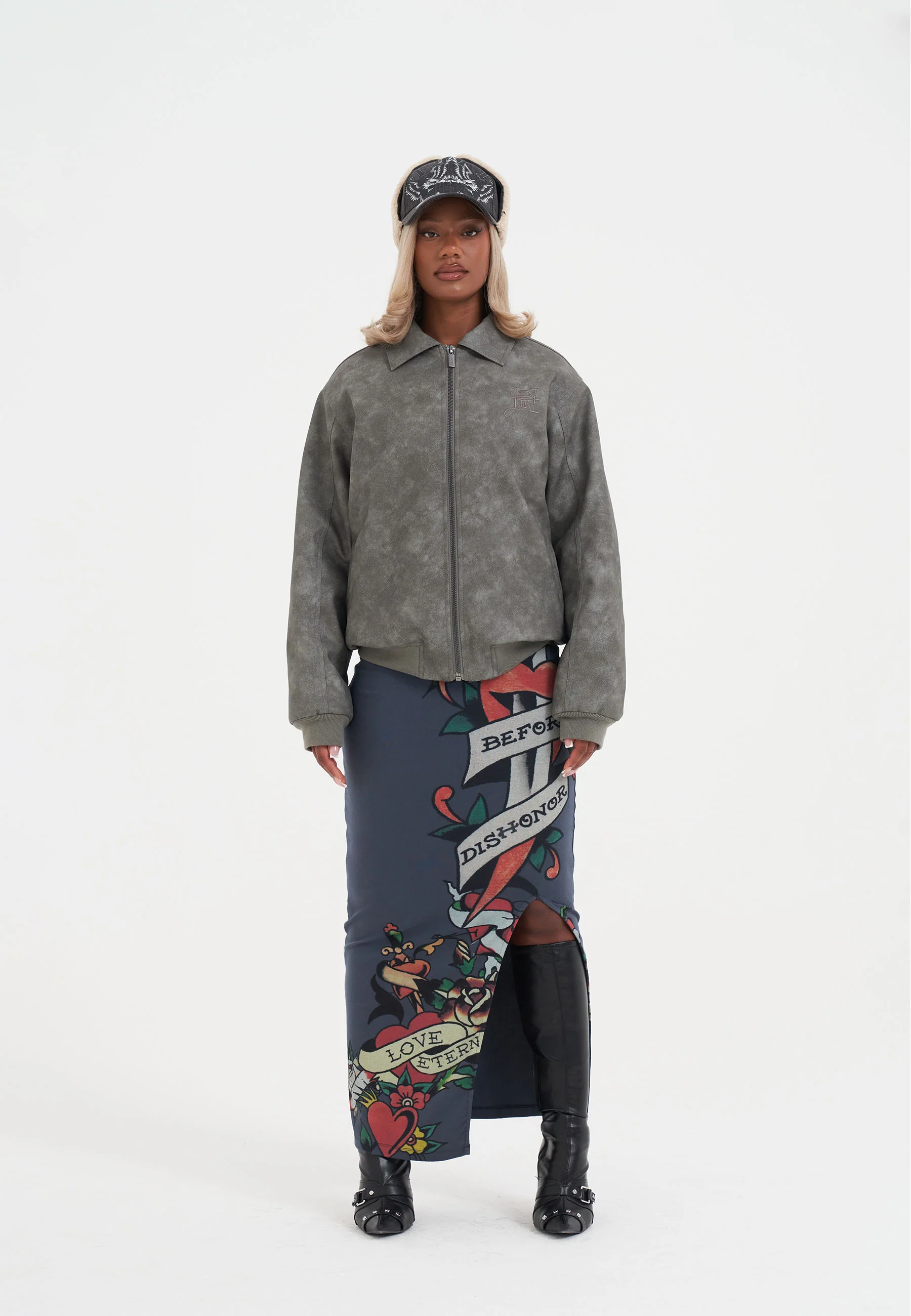 Womens Black Cobra Embossed Vegan Leather Jacket - Grey - Image 3