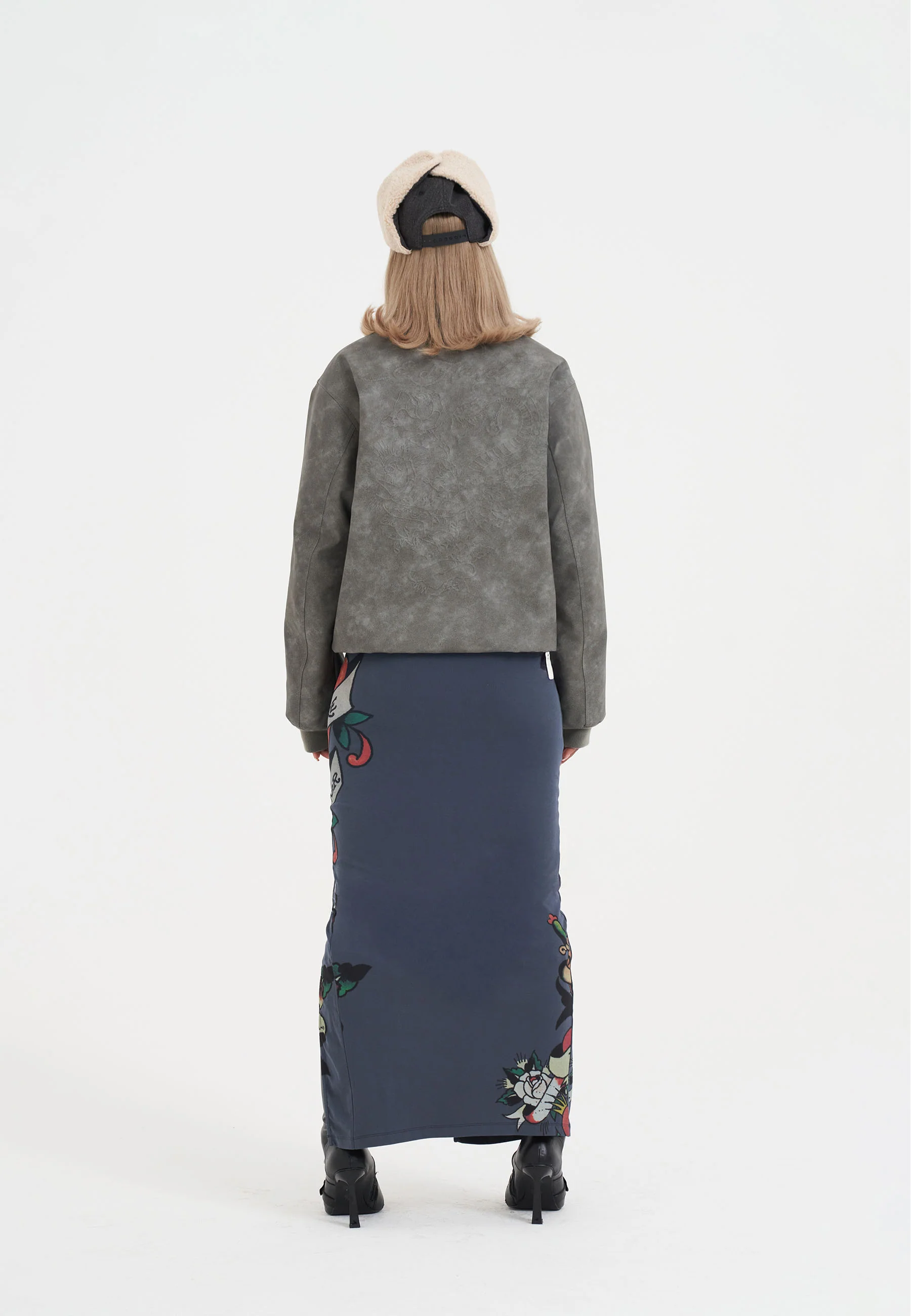 Womens Black Cobra Embossed Vegan Leather Jacket - Grey - Image 5