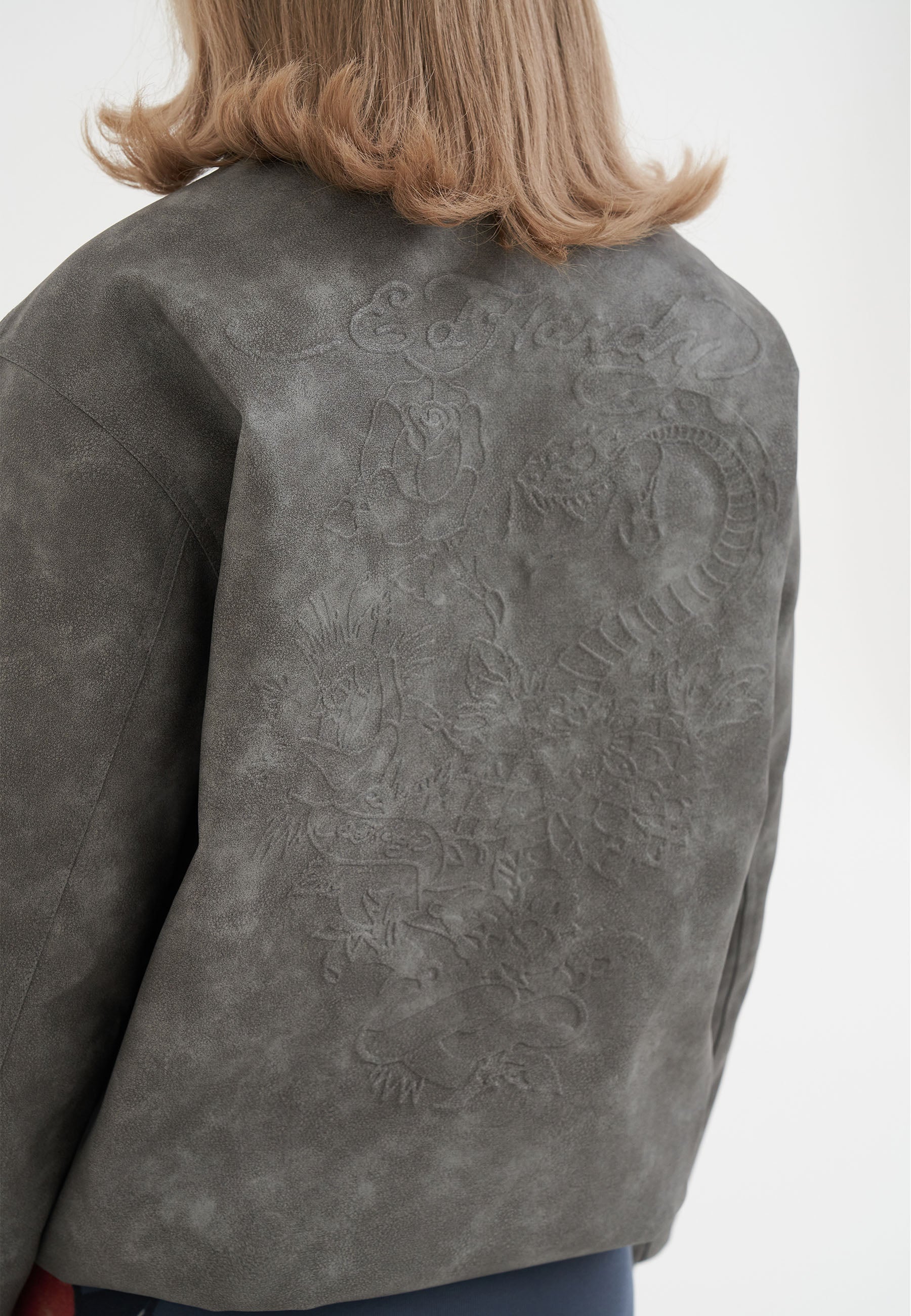 Womens Black Cobra Embossed Vegan Leather Jacket - Grey - Image 8