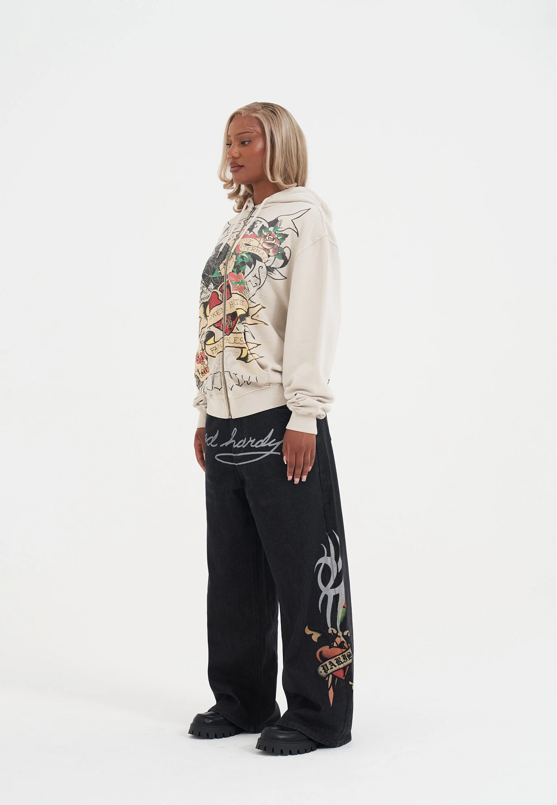 Womens Broken Hearts And Fairytales Zip Thru Hoodie - Ecru - Image 4