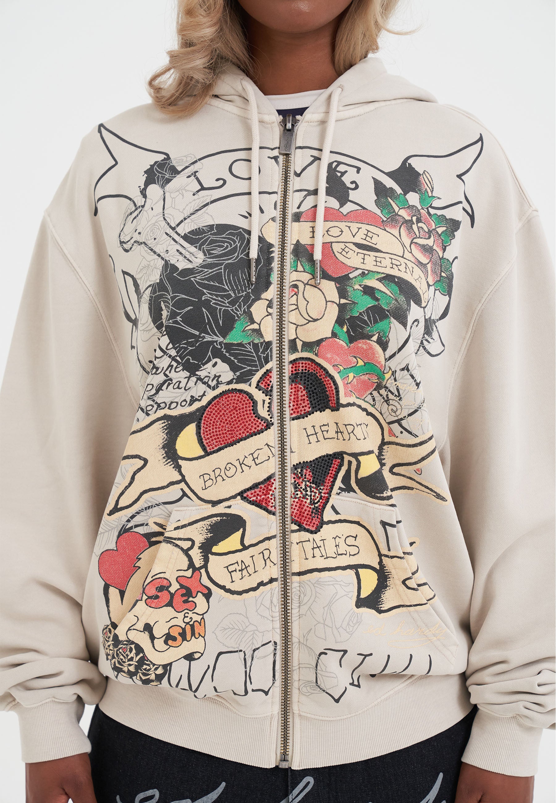 Womens Broken Hearts And Fairytales Zip Thru Hoodie - Ecru - Image 6