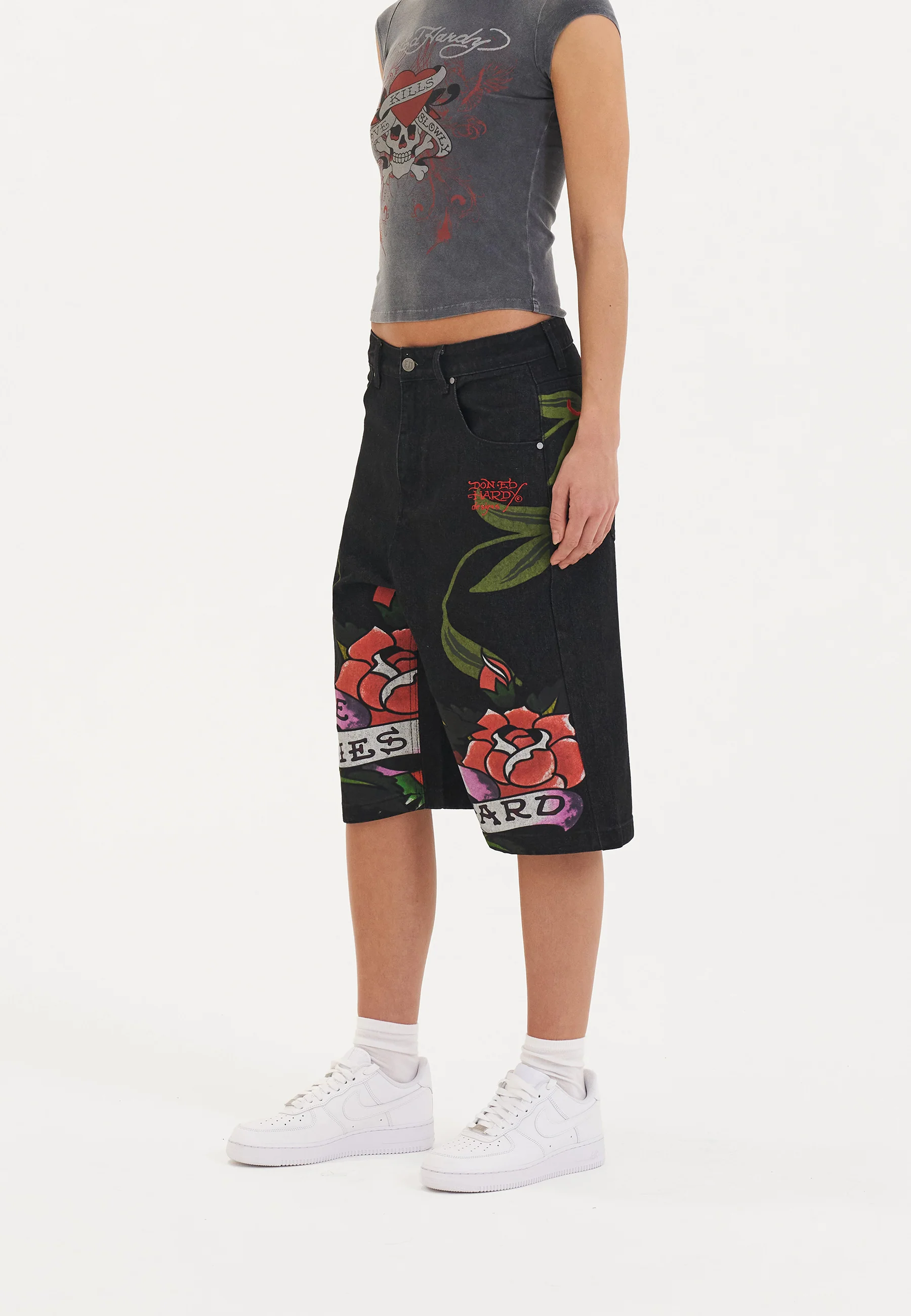 Womens Cherry Love Bomb Relaxed Denim Jorts Shorts - Black - Image 3