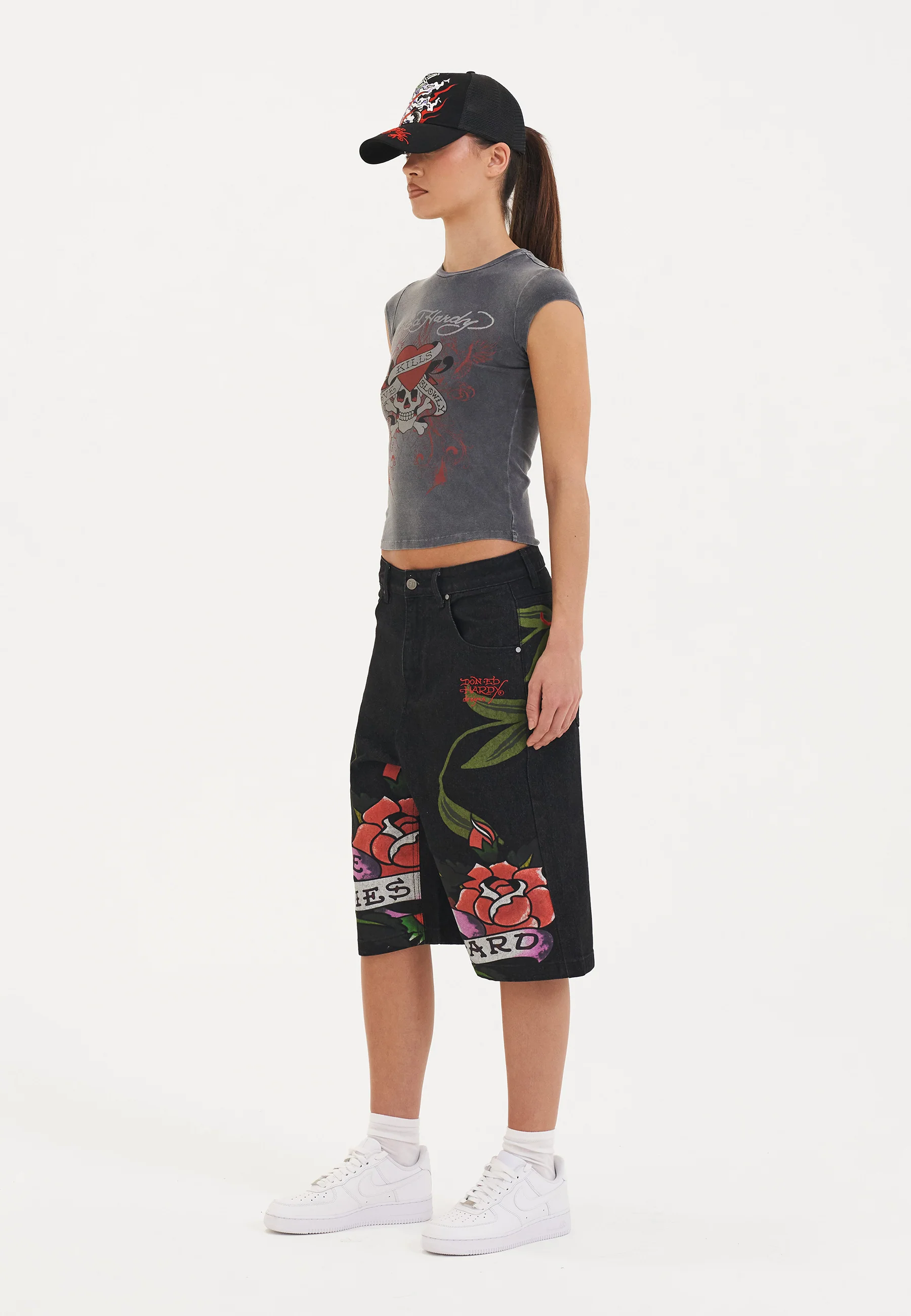 Womens Cherry Love Bomb Relaxed Denim Jorts Shorts - Black - Image 4