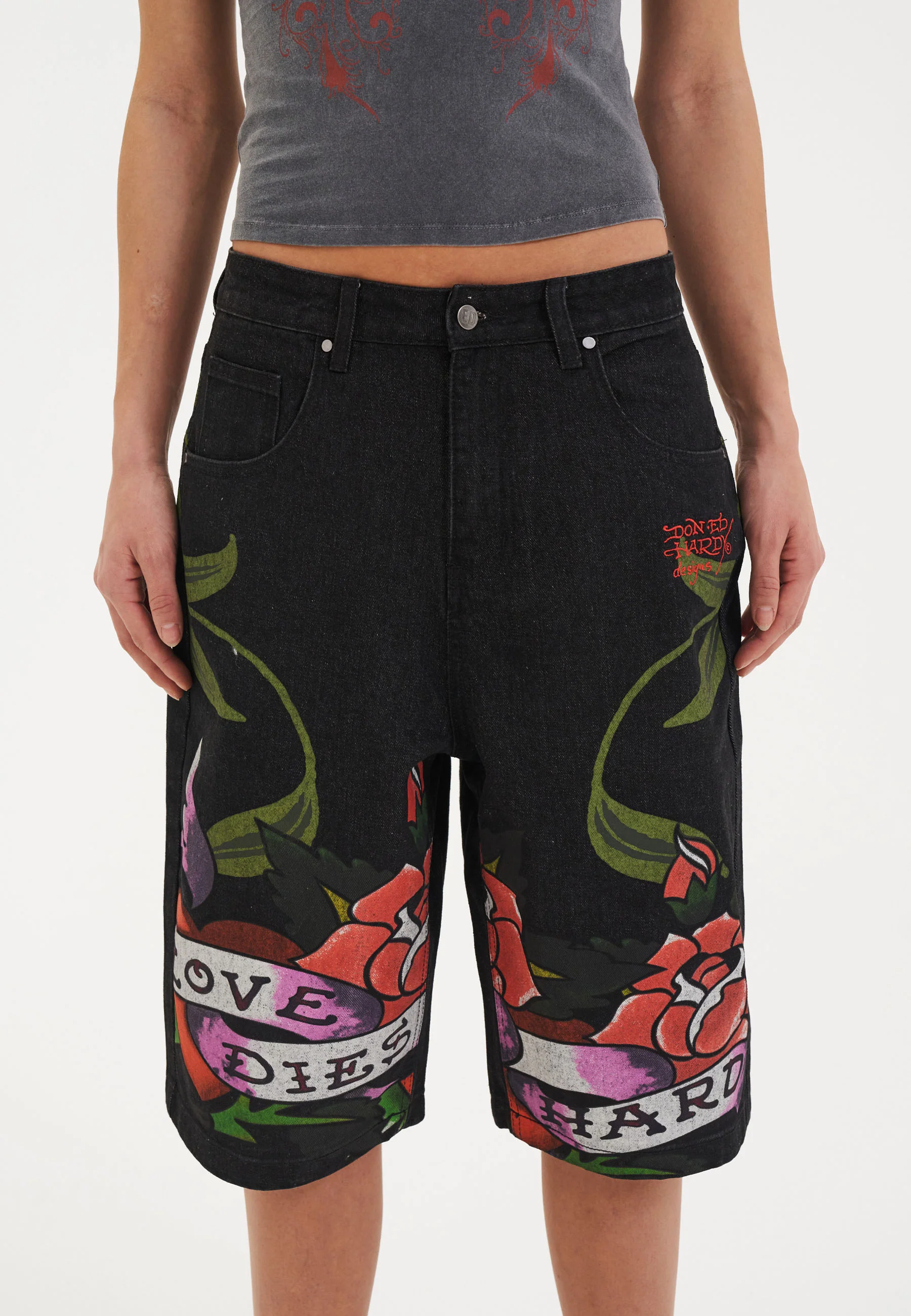 Womens Cherry Love Bomb Relaxed Denim Jorts Shorts - Black - Image 7