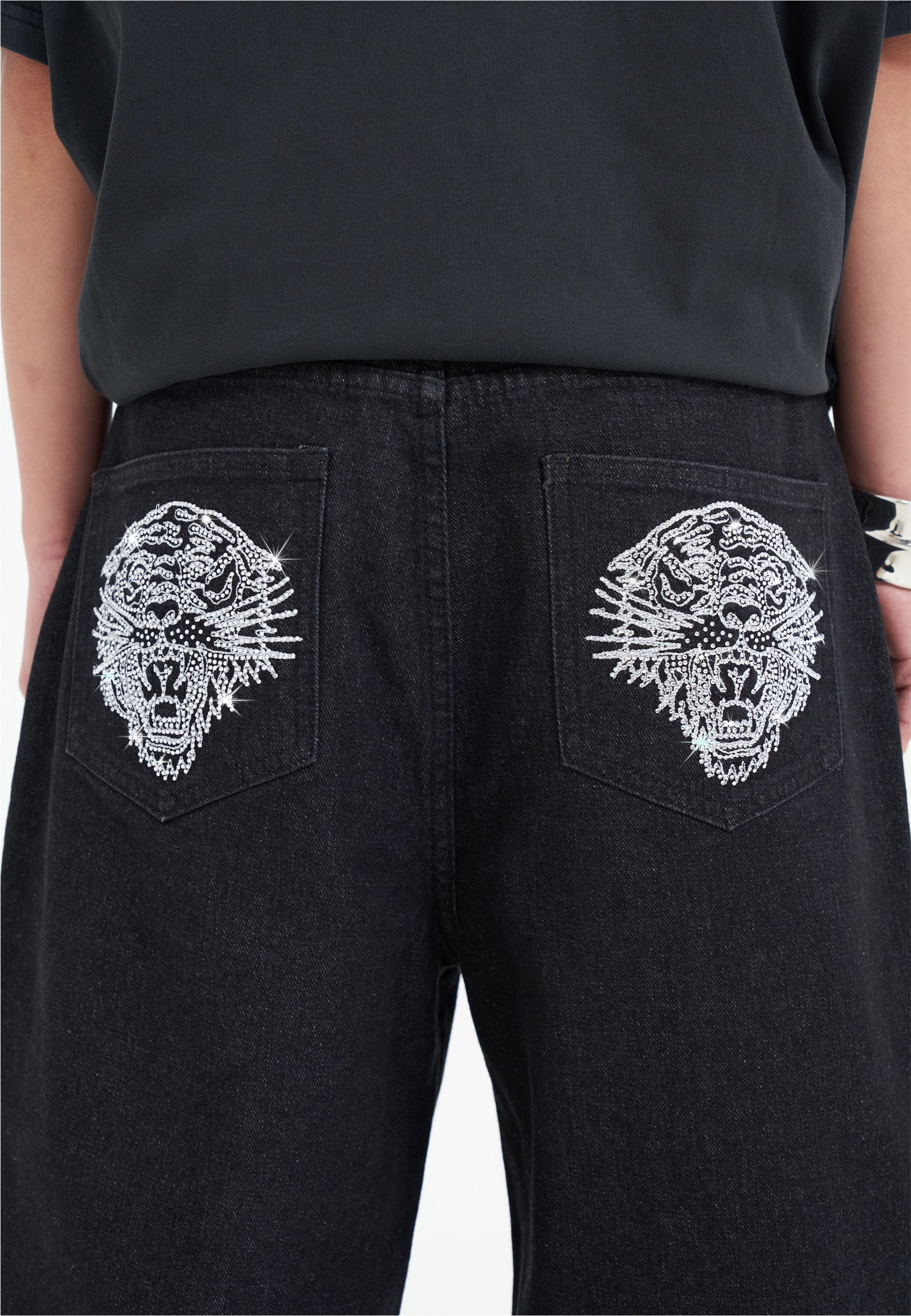 Womens Crystal Roar Diamante Relaxed Denim Trousers Jeans - Black - Image 4