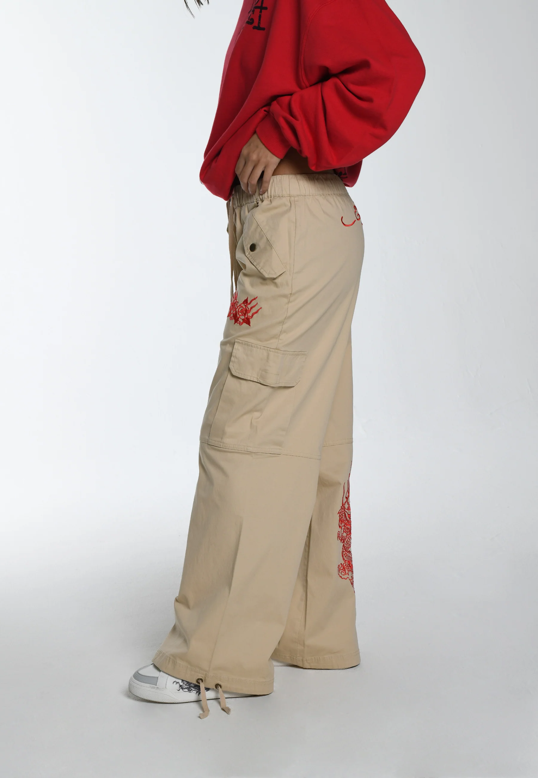 Womens Drag-Flame Cargo Trouser - Beige - Image 3