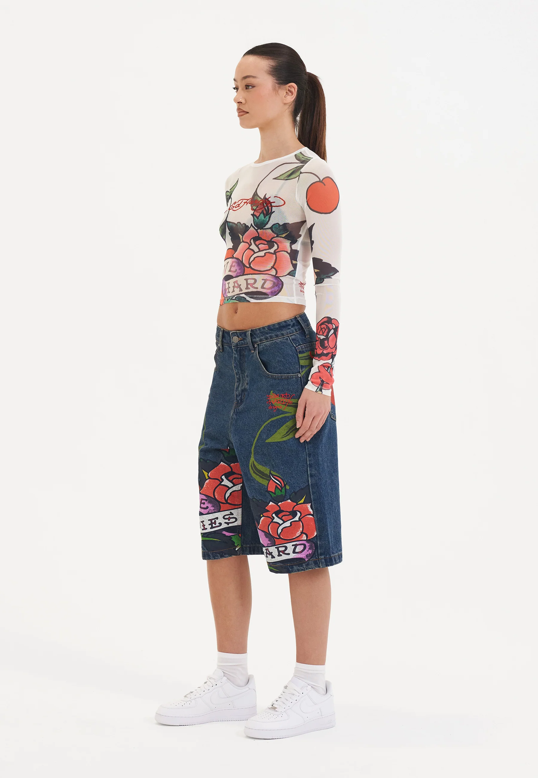 Womens Love Hard Mesh Long Sleeve Tshirt Top - White - Image 3