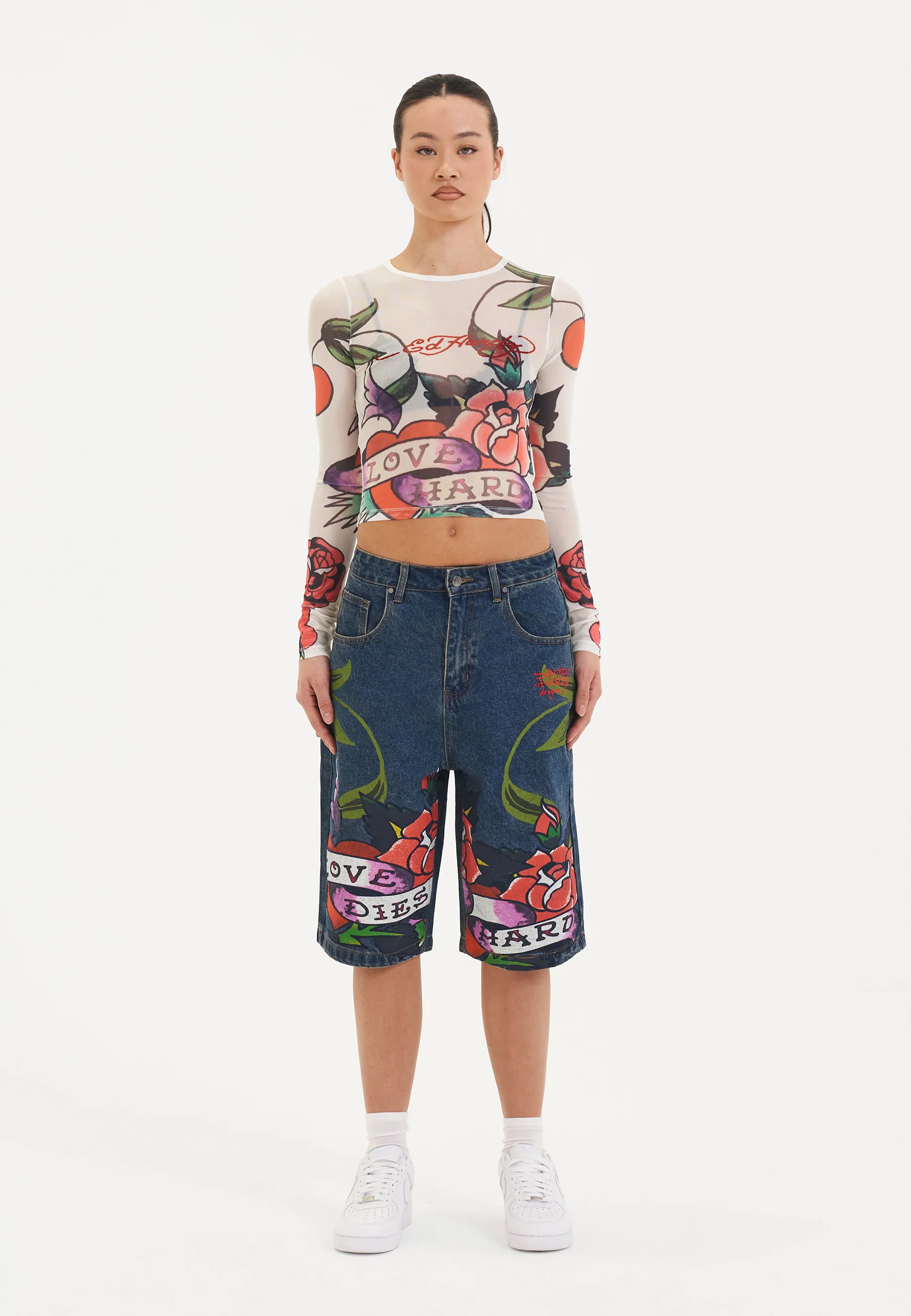 Womens Love Hard Mesh Long Sleeve Tshirt Top - White - Image 4