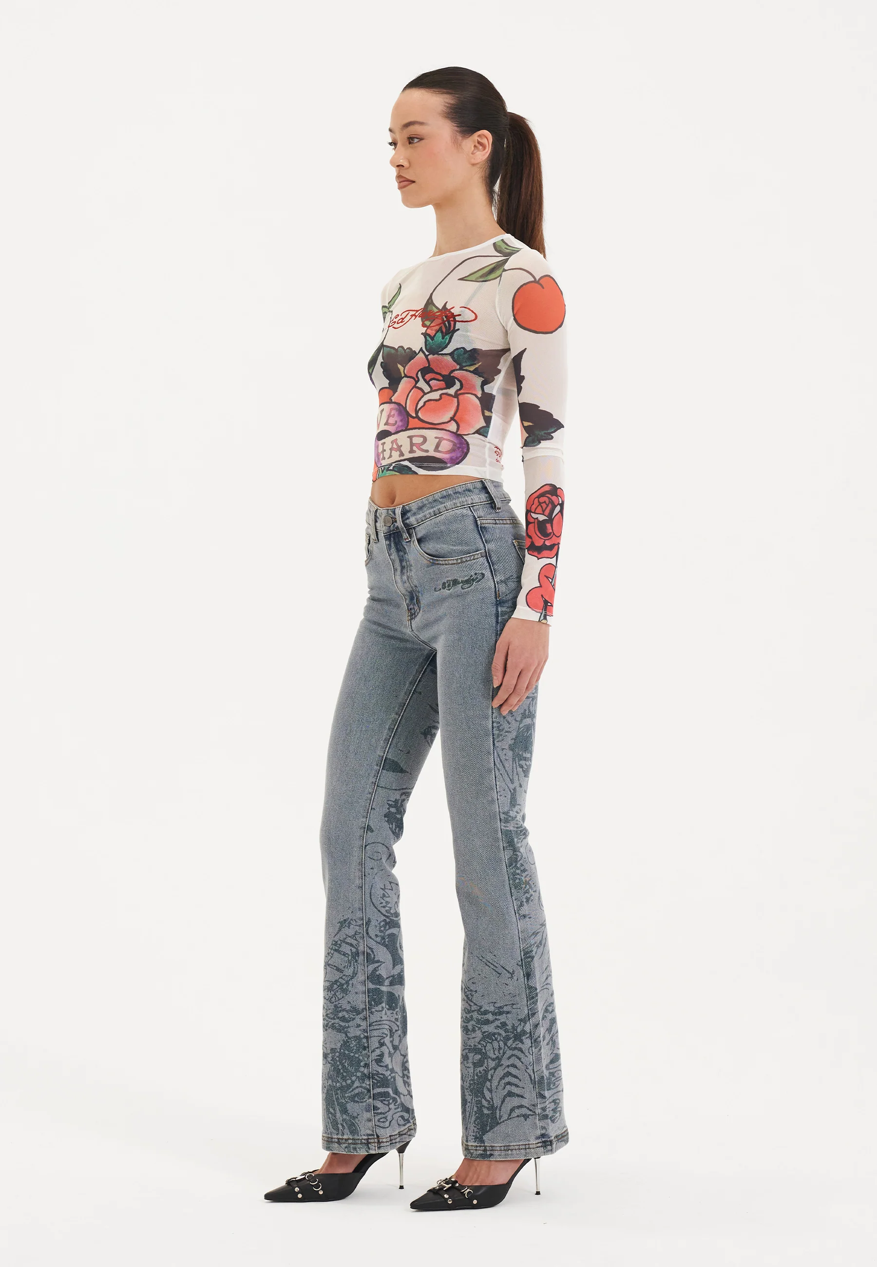 Womens Love Hard Mesh Long Sleeve Tshirt Top - White - Image 6