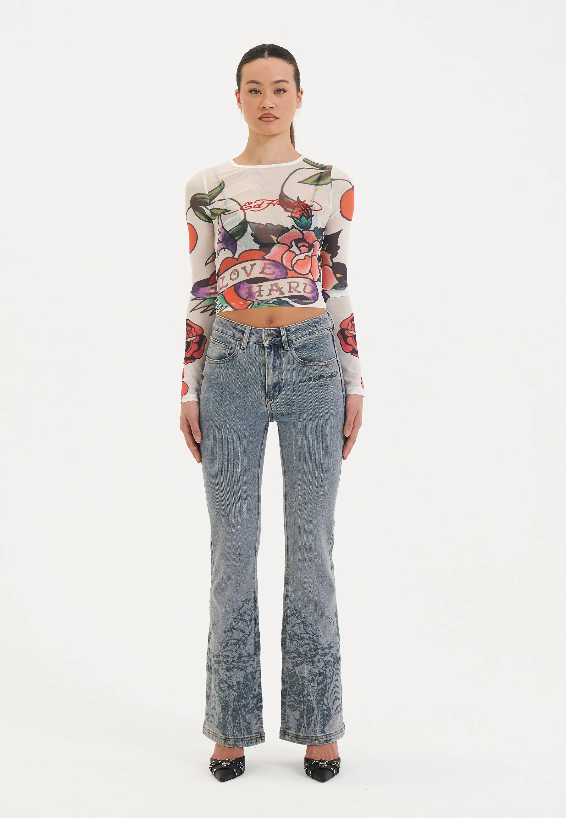 Womens Love Hard Mesh Long Sleeve Tshirt Top - White - Image 7